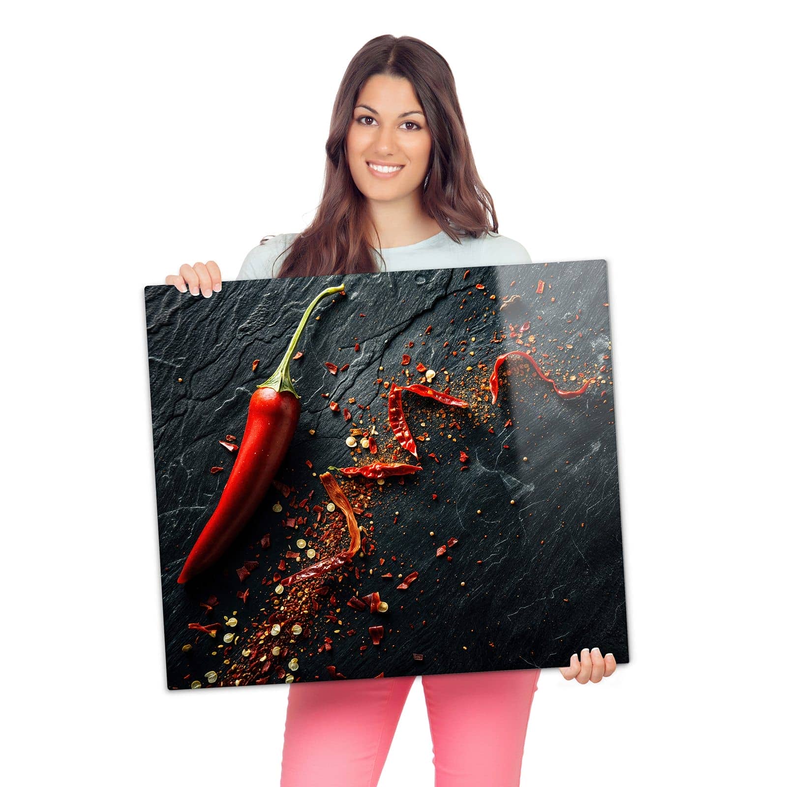 Abdeckplatten für Ceranfeld mit Chili Auf Schiefer-Motiv wird zur Größendarstellung gehalten