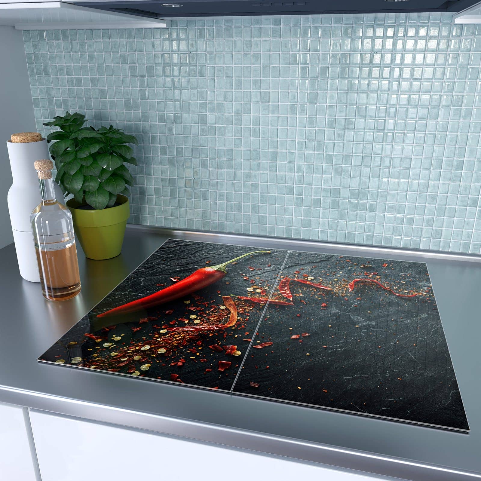 2-teilige Abdeckplatten für Herd mit Chili Auf Schiefer-Motiv auf dem Ceranfeld