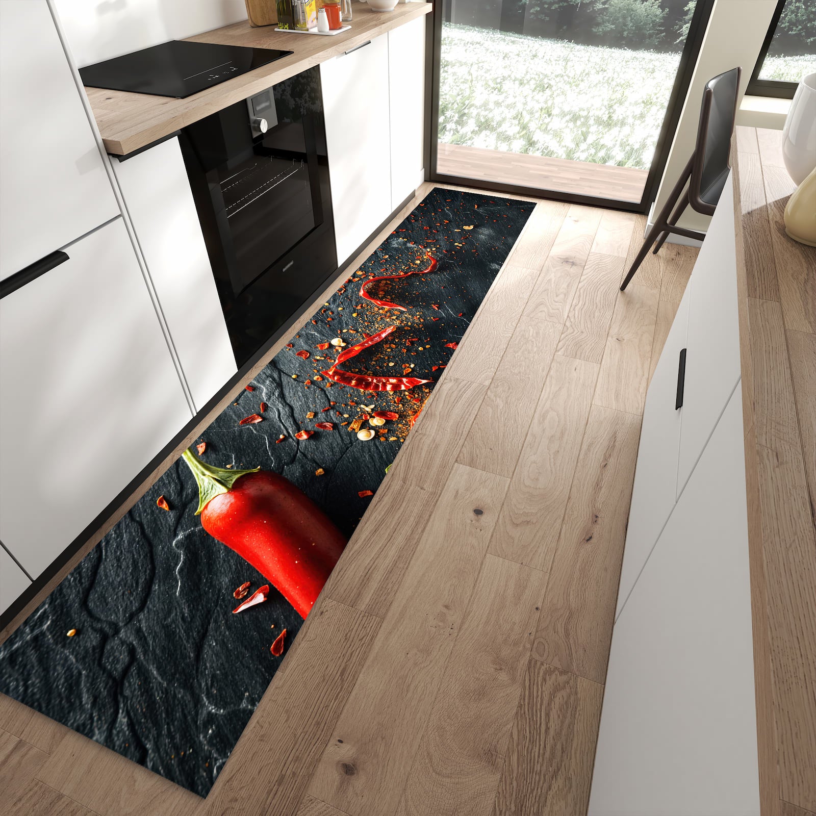 Schmutzabweisender Bodenläufer mit Motiv Chili Auf Schiefer in moderner Küche