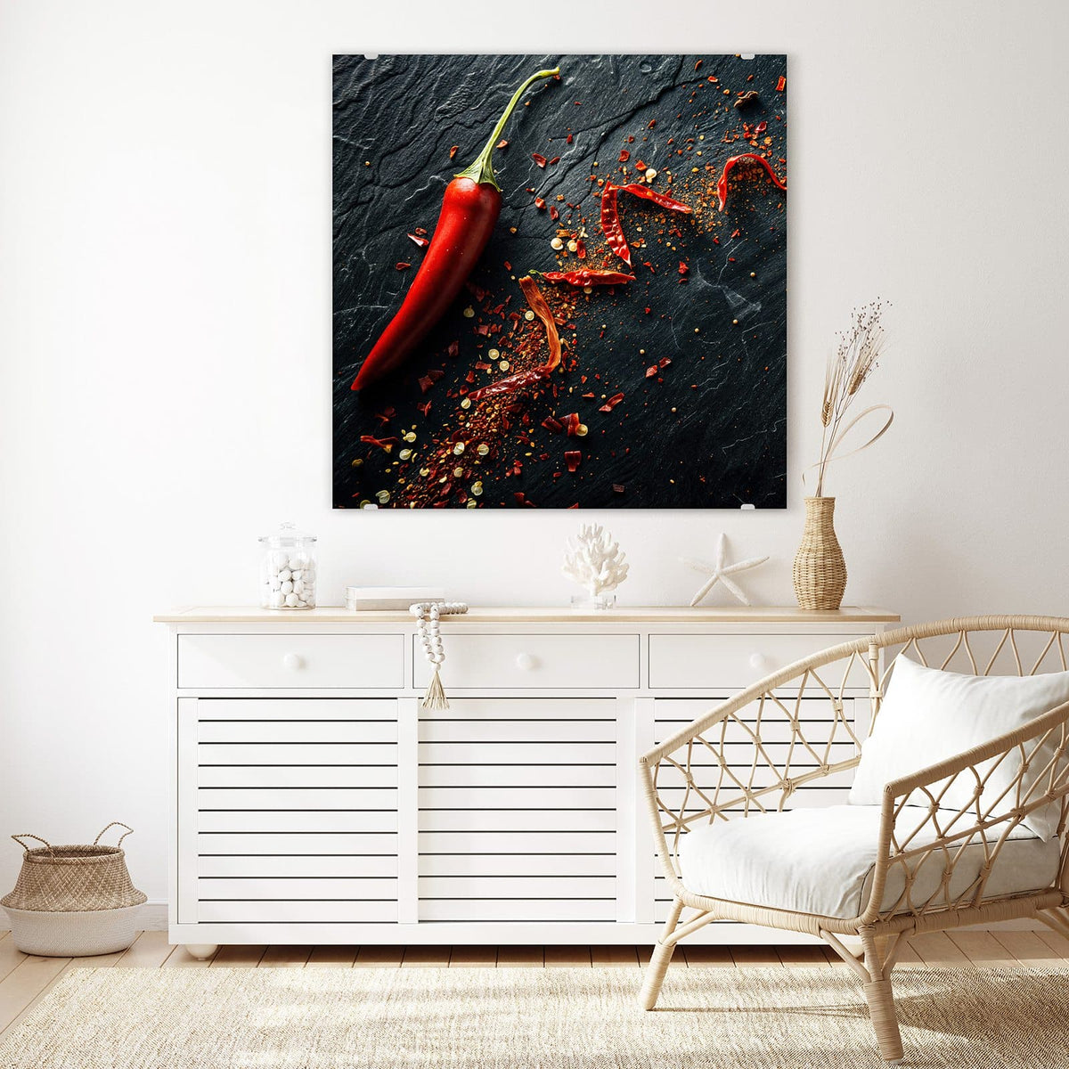 Echtglas, 4 mm – kein Acryl, keine Folie – Wandbild - Chili auf Schiefer - Quadratisch