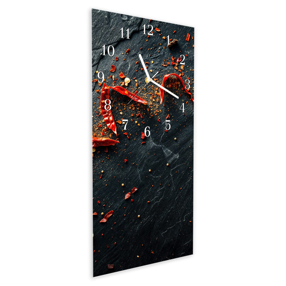 Vormontiert – mit Schwebeeffekt – Wanduhr Chili Auf Schiefer aus Glas – Hochformat 30 × 60 cm