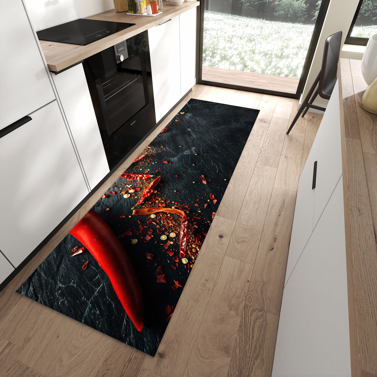 Flacher Küchenteppich mit Motiv Chili Auf Schiefer in moderner Küche - waschbar