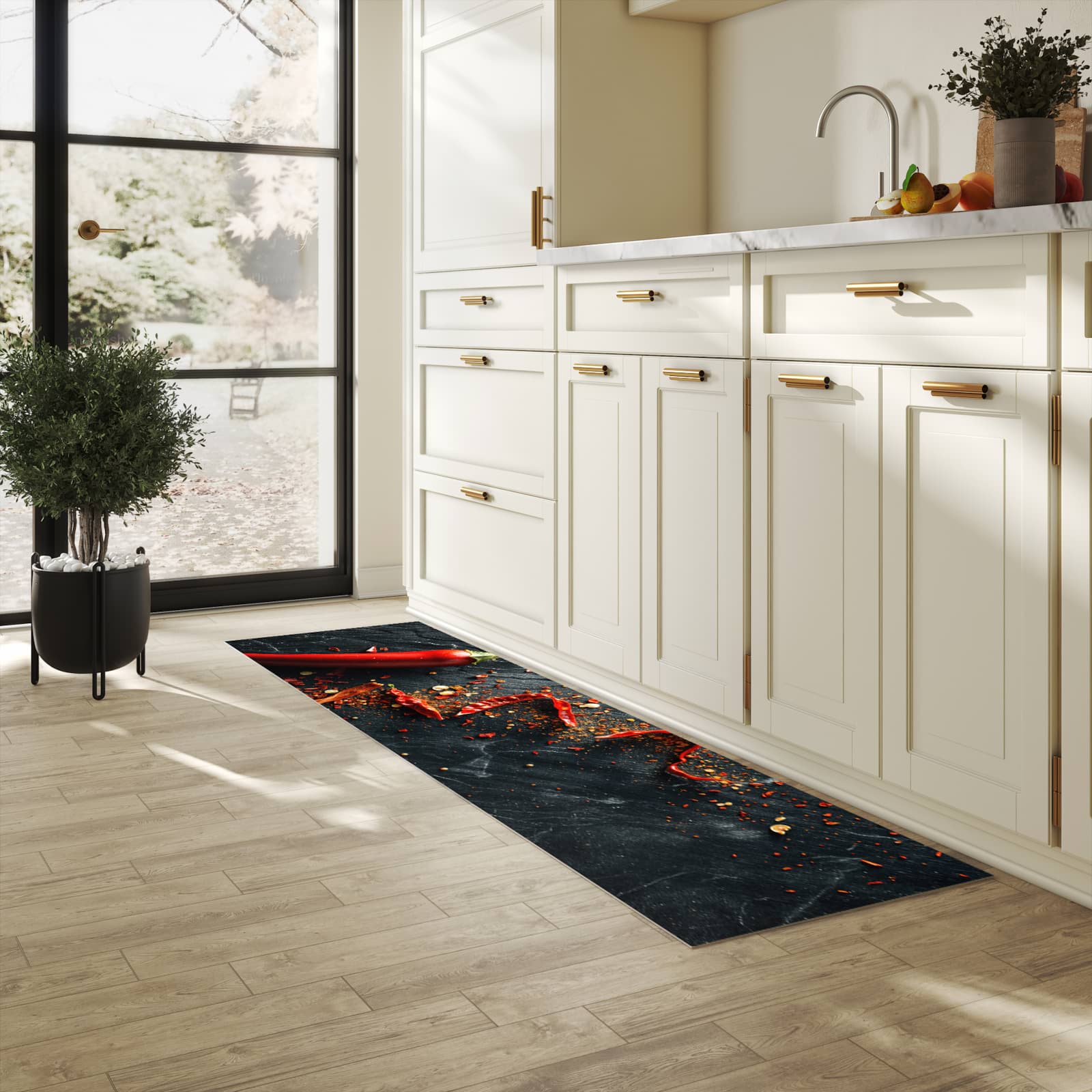 Geruchsneutraler rutschfester Läufer mit Motiv Chili Auf Schiefer in heller Küche