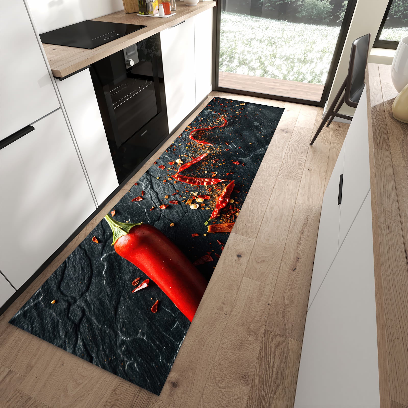 Pflegeleichter Küchenteppich mit Motiv Chili Auf Schiefer in moderner Küche