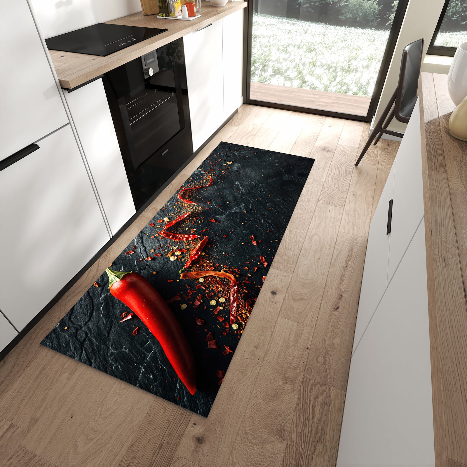 Langlebiger Küchenteppich mit Motiv Chili Auf Schiefer in moderner Küche