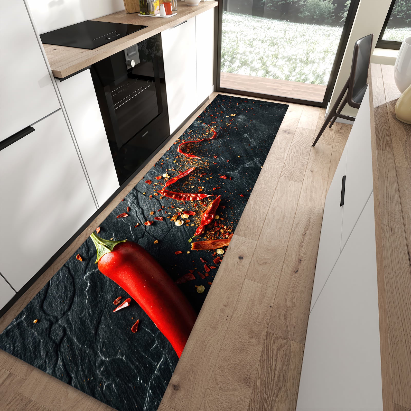 Komfortabler rutschfester Küchenteppich mit Motiv Chili Auf Schiefer in moderner Küche