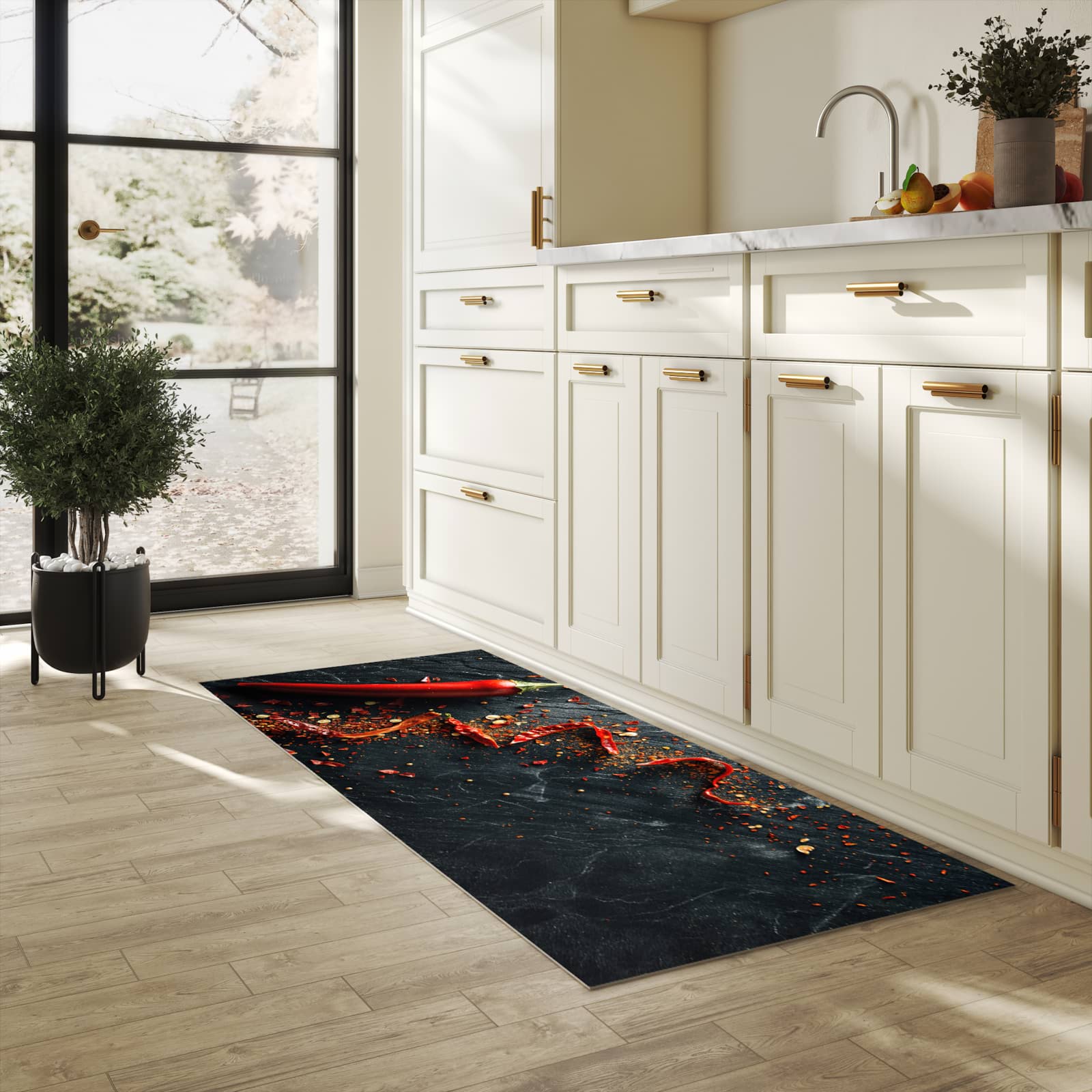 Komfortabler Teppich fürs Esszimmer mit Motiv Chili Auf Schiefer in heller Küche, waschbar