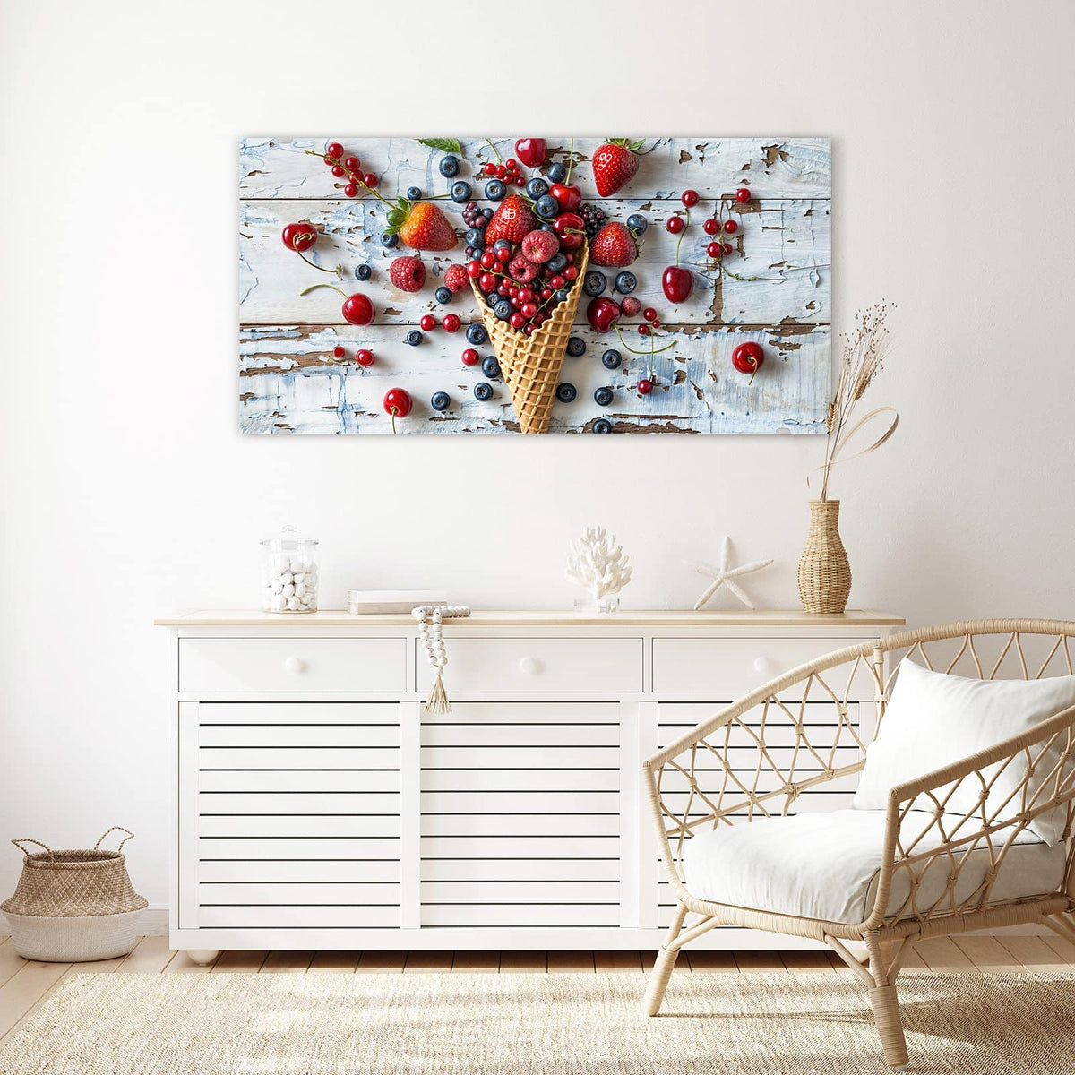 Echtglas, 4 mm – kein Acryl, keine Folie – Wandbild - Beeren in der Eiswaffel - Querformat