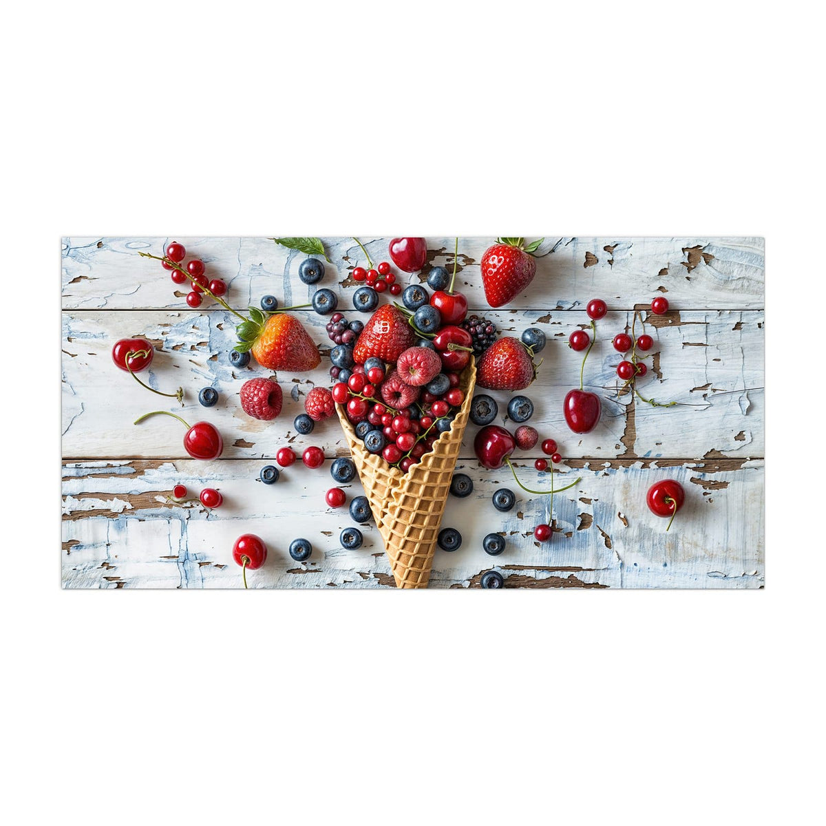 Küchenrückwand aus Glas Beeren in der Eiswaffel im Hochformat, Motiv bildfüllend von vorn