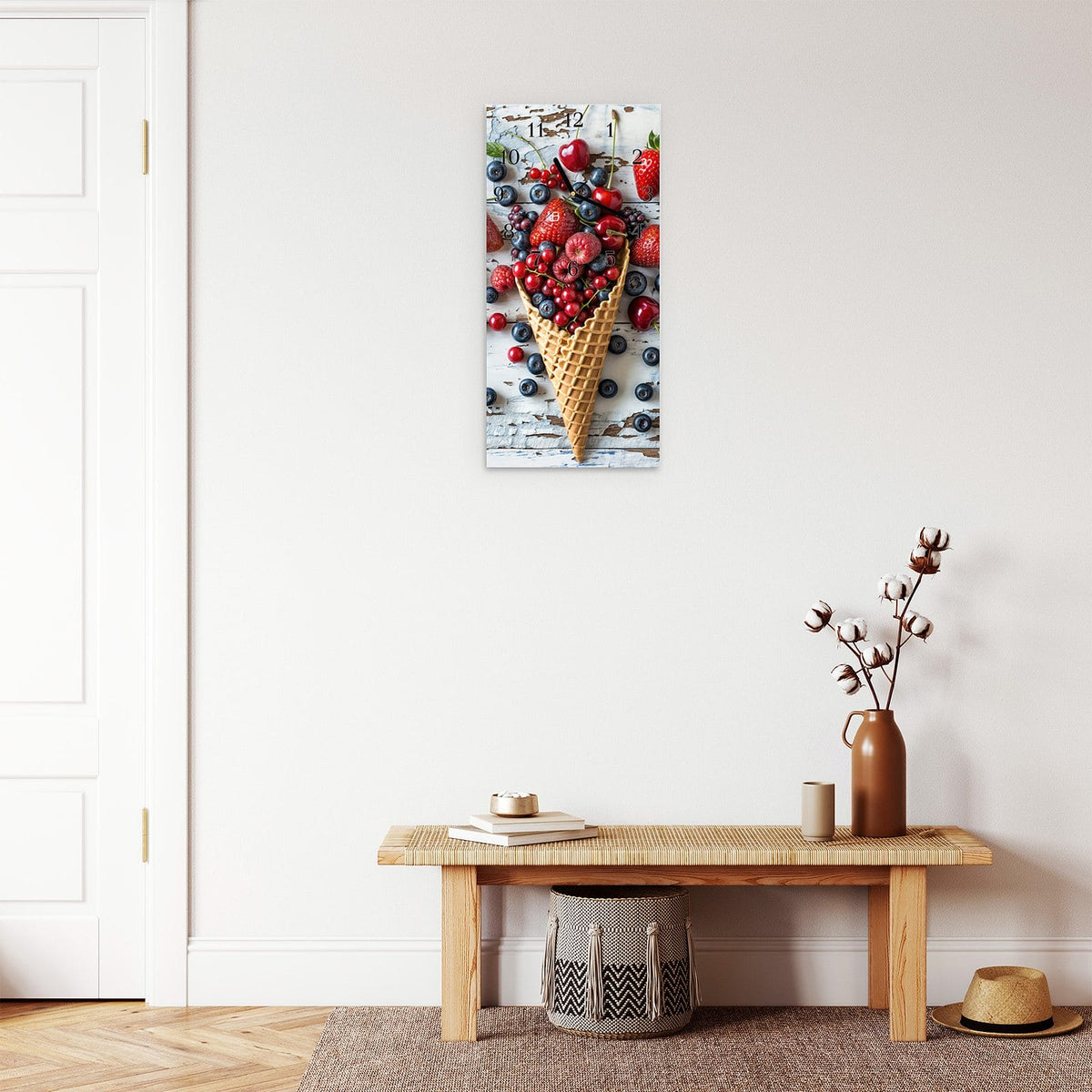 Moderne Wanduhr aus Glas mit Farbtiefe – Wanduhr Früchte Eiscreme aus Glas – Hochformat 30 × 60 cm