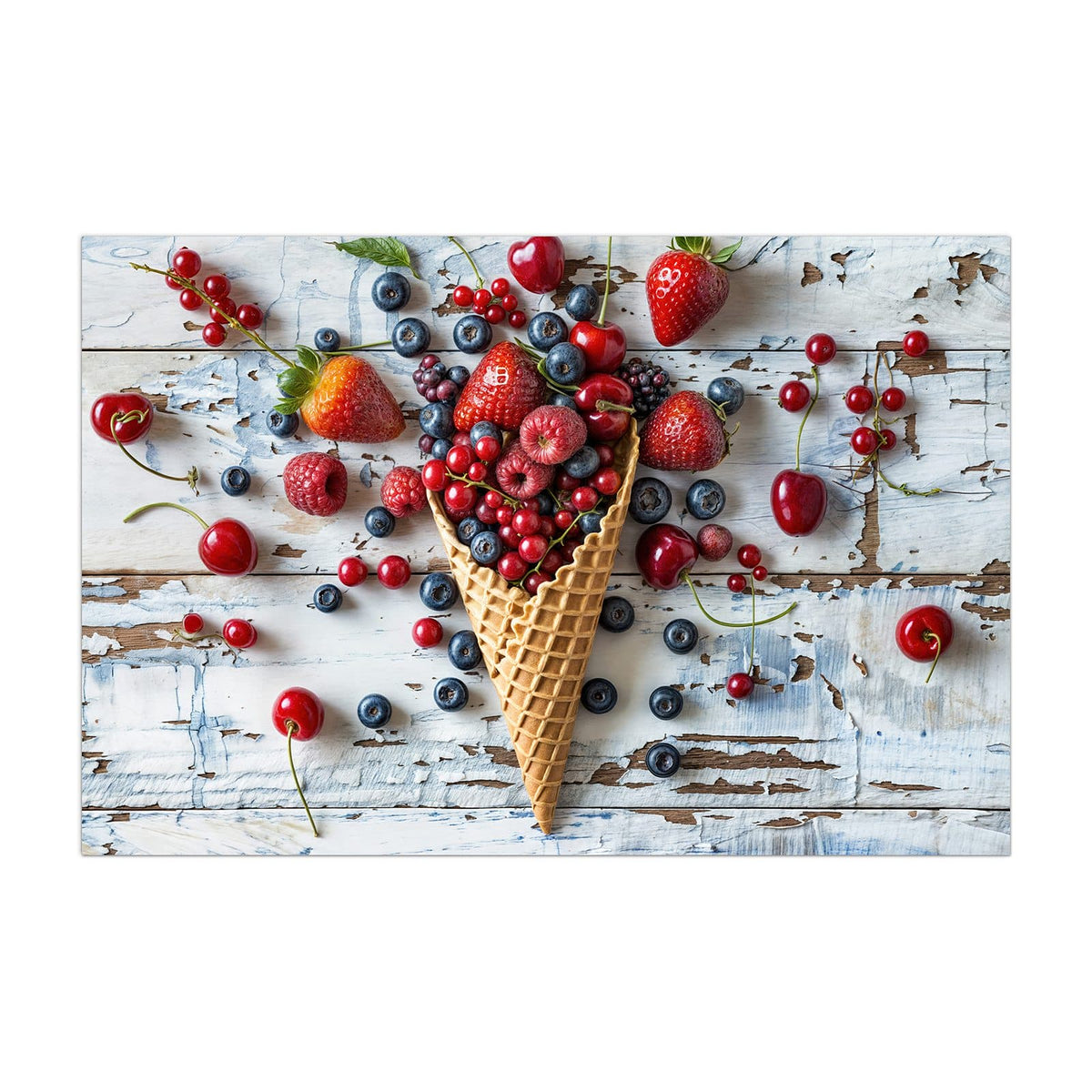 Küchenrückwand aus Glas Beeren in der Eiswaffel im Hochformat, Motiv bildfüllend von vorn