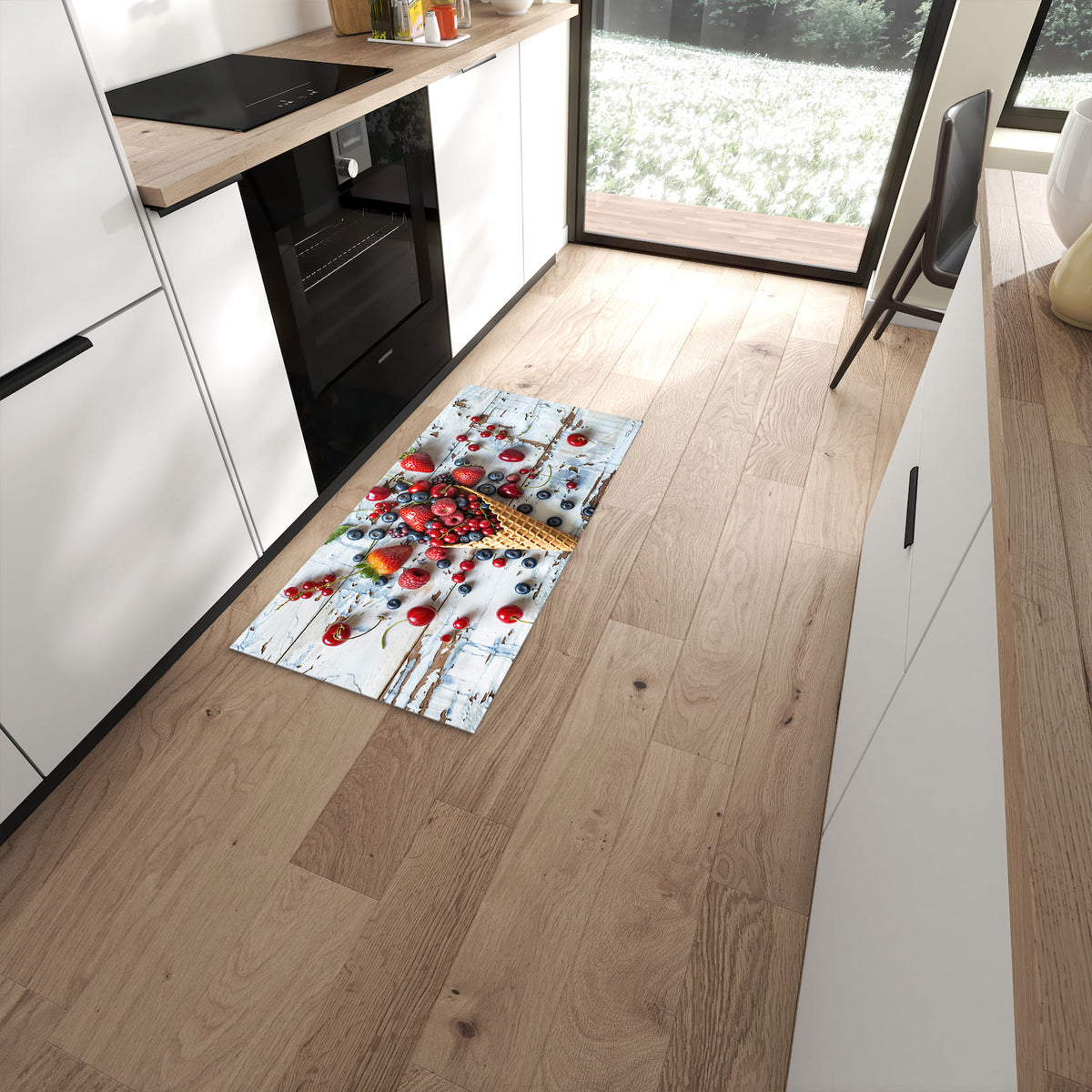 Strapazierfähiger Küchenläufer mit Motiv Früchte Eiscreme in moderner Küche #grösse_60 x 120 cm