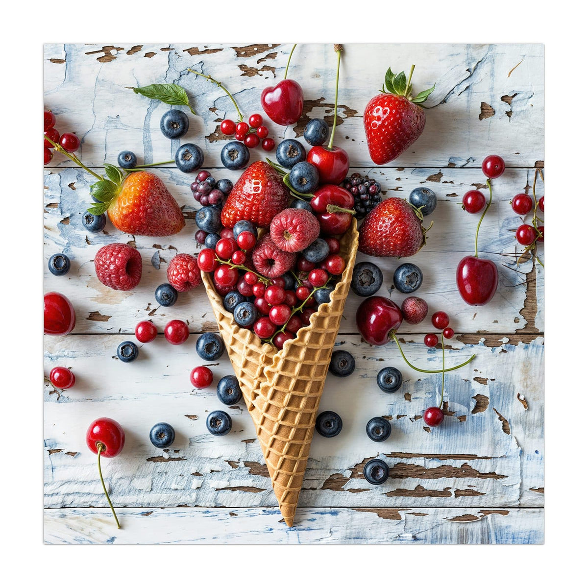 Küchenrückwand aus Glas Beeren in der Eiswaffel im quadratischen Format, Motiv bildfüllend von vorn