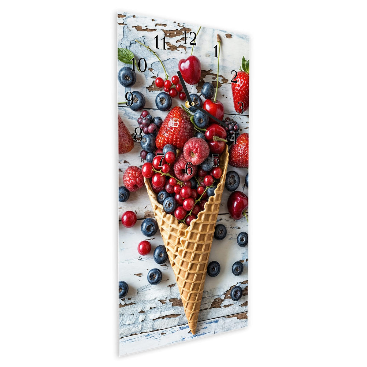 Vormontiert – mit Schwebeeffekt – Wanduhr Früchte Eiscreme aus Glas – Hochformat 30 × 60 cm