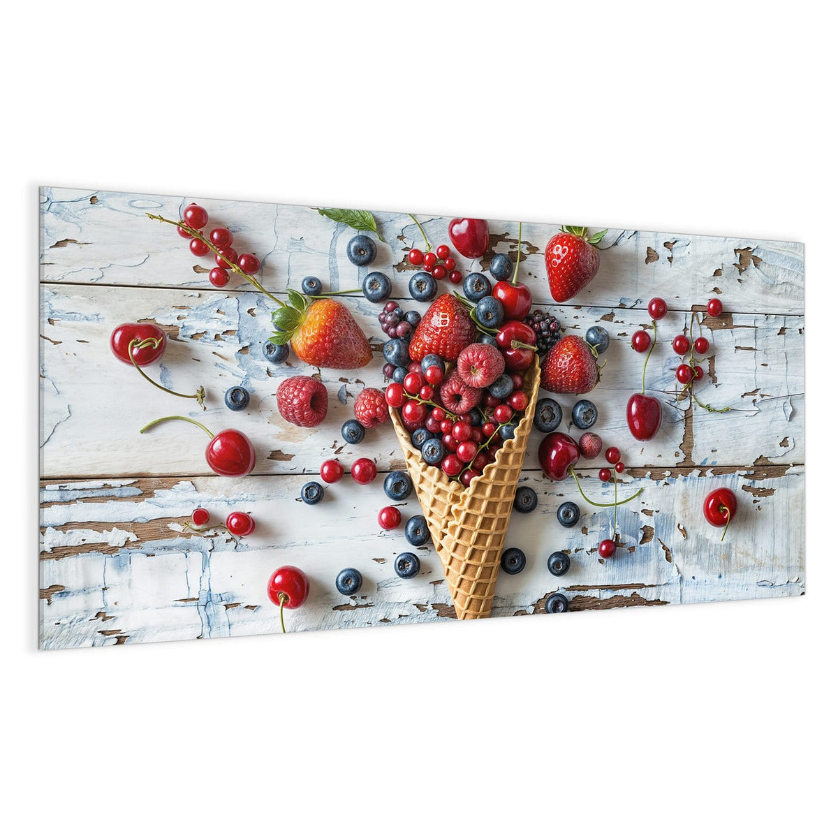Waffeltüte gefüllt mit Erdbeeren, Blaubeeren, Johannisbeeren und Kirschen auf weißem Holz