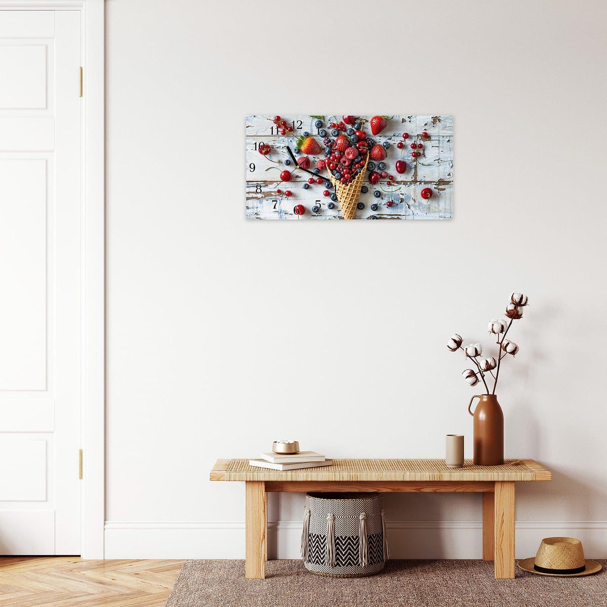 Moderne Wanduhr aus Glas mit Farbtiefe – Wanduhr Früchte Eiscreme aus Glas – Querformat 60 × 30 cm