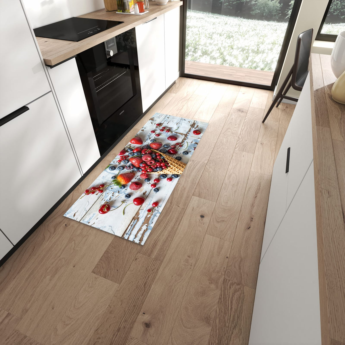 Waschbarer Küchenteppich mit Motiv Früchte Eiscreme in moderner Küche #grösse_60 x 150 cm