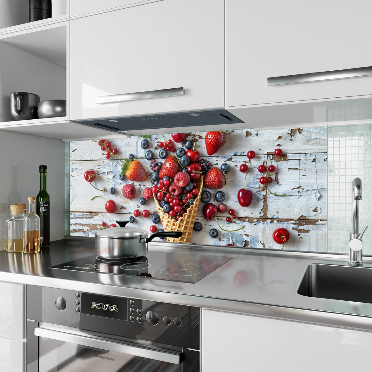 Küchenrückwand aus Glas Beeren in der Eiswaffel im Hochformat als Spritzschutz hinter dem Kochfeld, über dem Fliesenspiegel montiert