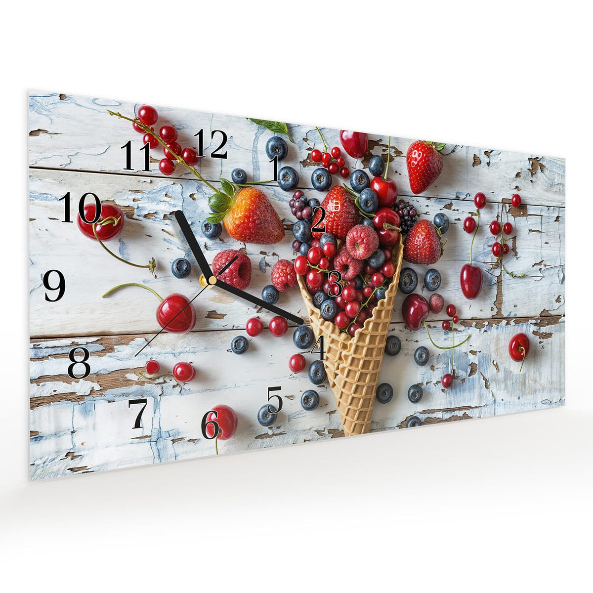 Vormontiert – mit Schwebeeffekt – Wanduhr Früchte Eiscreme aus Glas – Querformat 60 × 30 cm