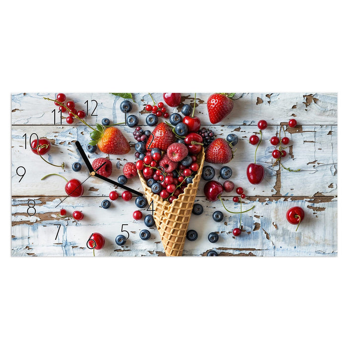 Wanduhr Früchte Eiscreme aus Glas – Querformat 60 × 30 cm mit Ziffernblatt Elegant