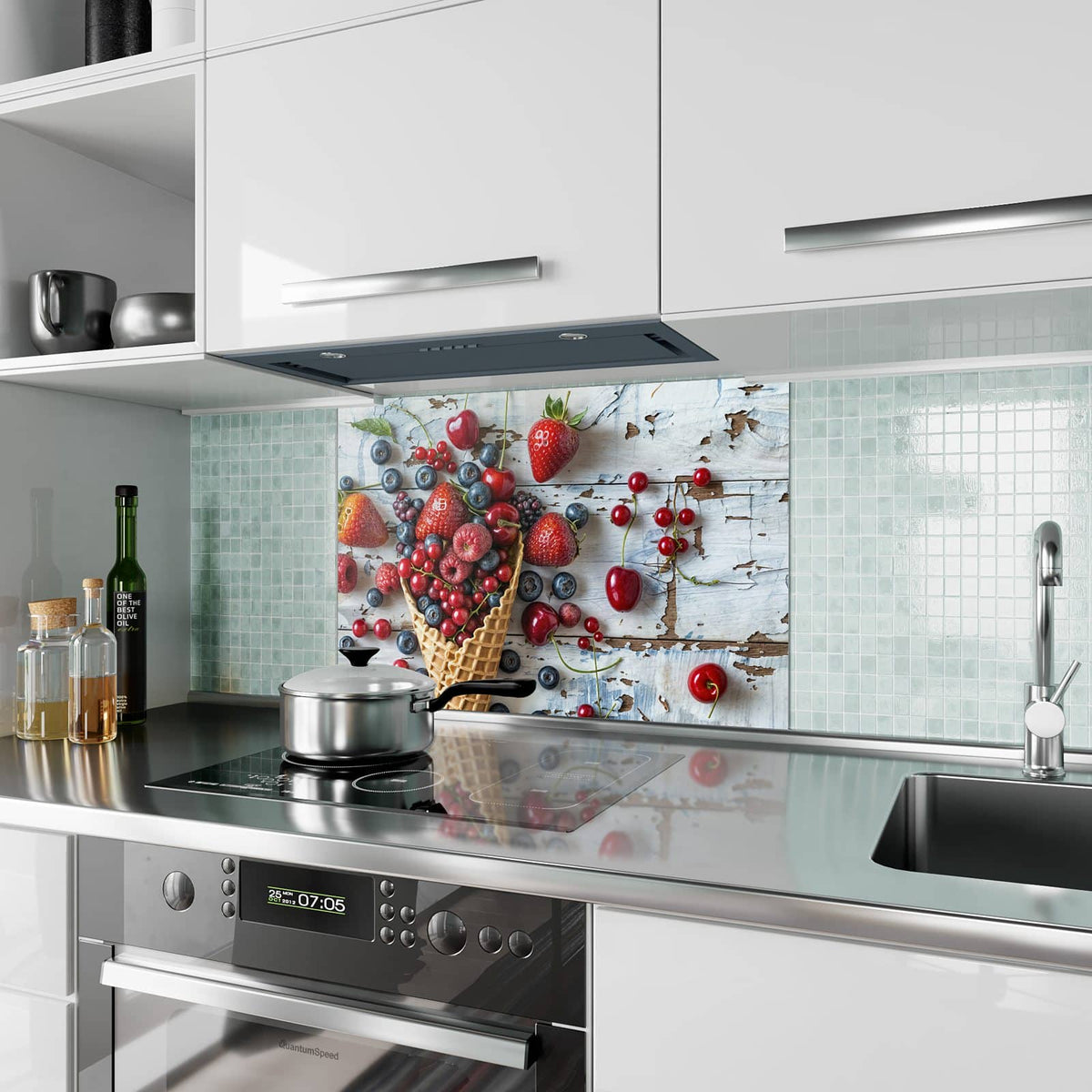 Küchenrückwand aus Glas Beeren in der Eiswaffel im Hochformat als Spritzschutz hinter dem Kochfeld, über dem Fliesenspiegel montiert