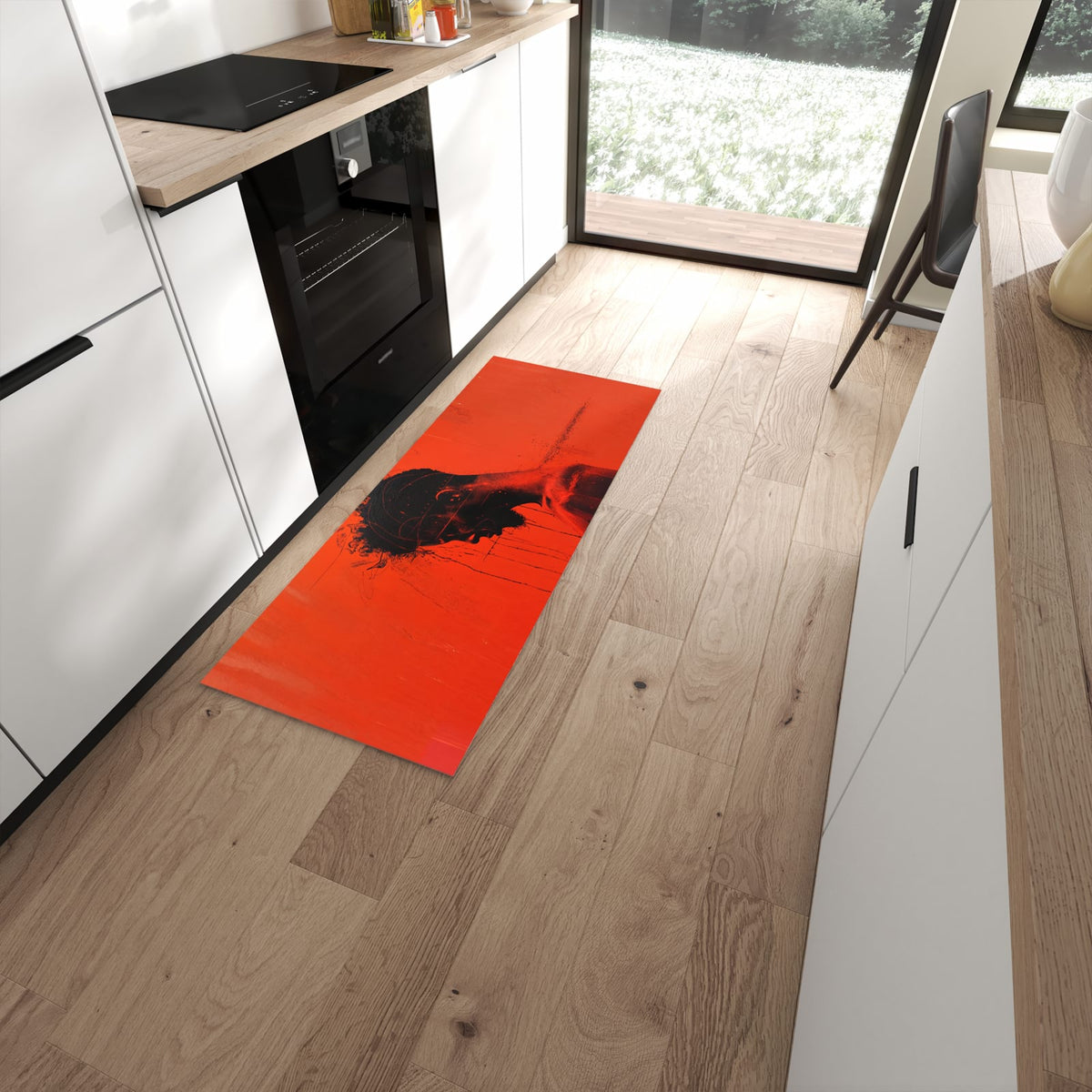 Wasserabweisender Küchenläufer mit Motiv Dunkelrotes Profil in moderner Küche #grösse_60 x 150 cm