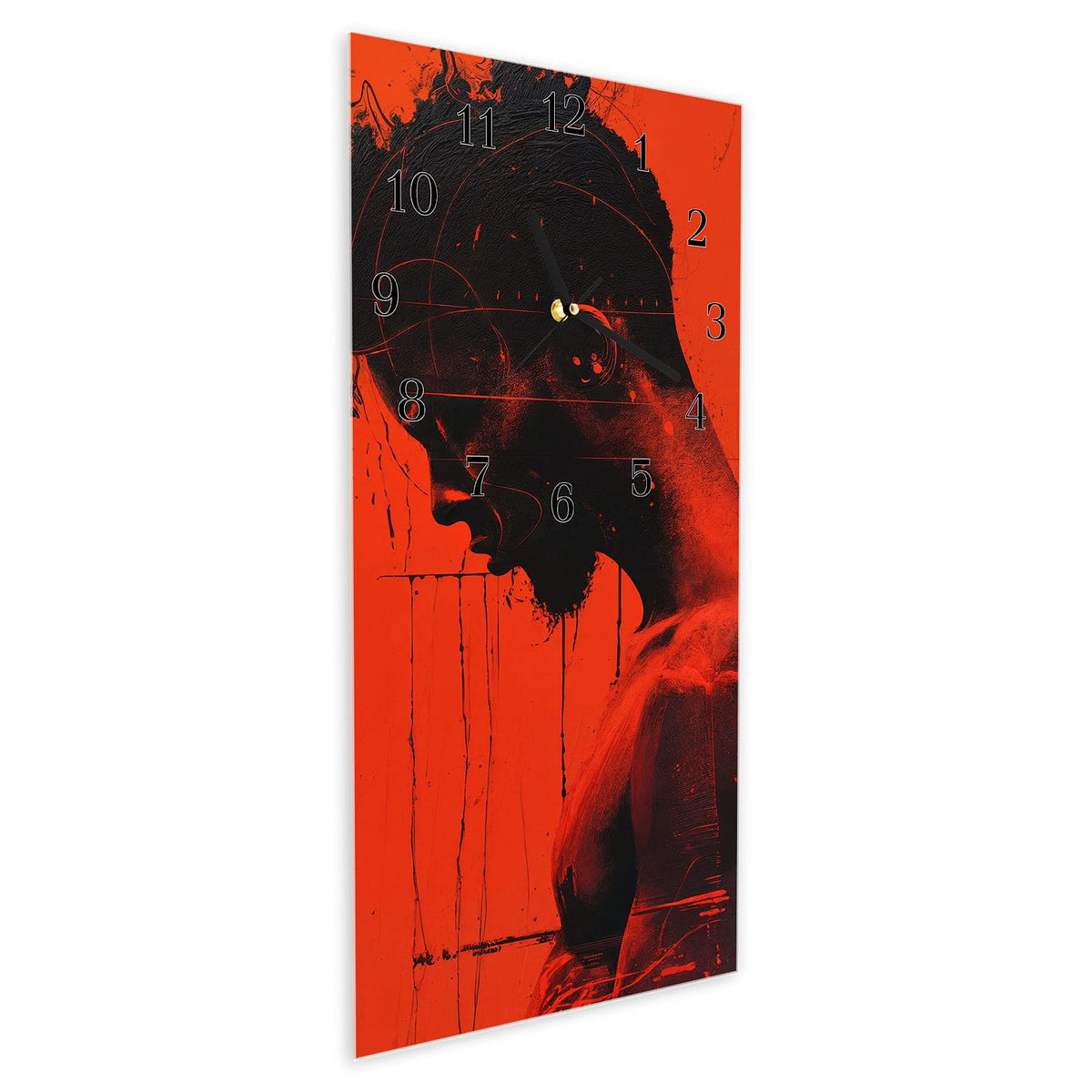 Vormontiert – mit Schwebeeffekt – Wanduhr Dunkelrotes Profil aus Glas – Hochformat 30 × 60 cm
