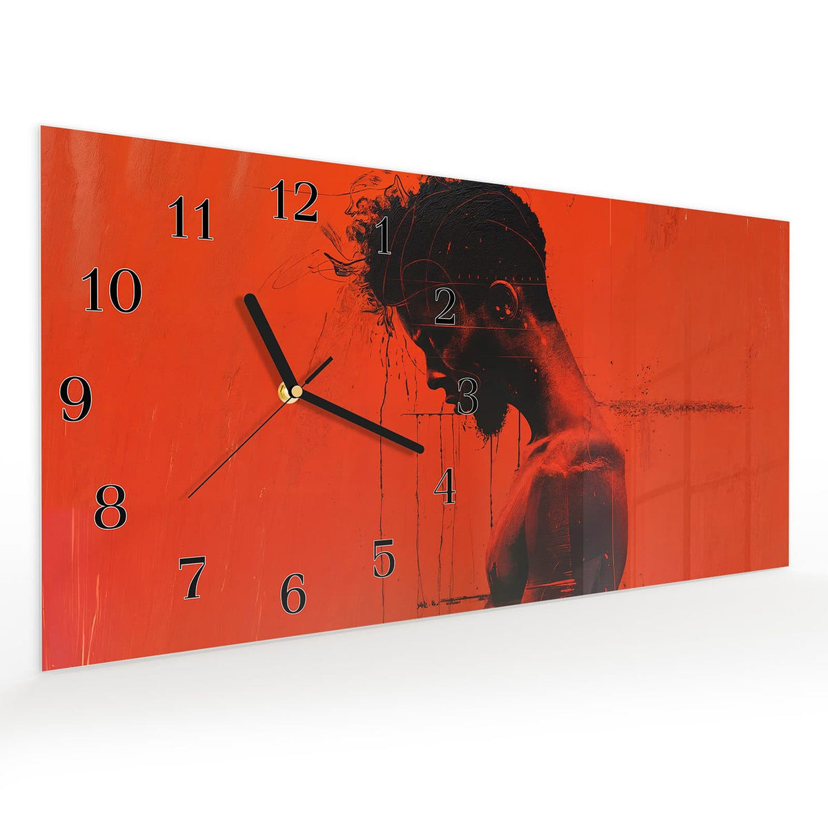 Vormontiert – mit Schwebeeffekt – Wanduhr Dunkelrotes Profil aus Glas – Querformat 60 × 30 cm
