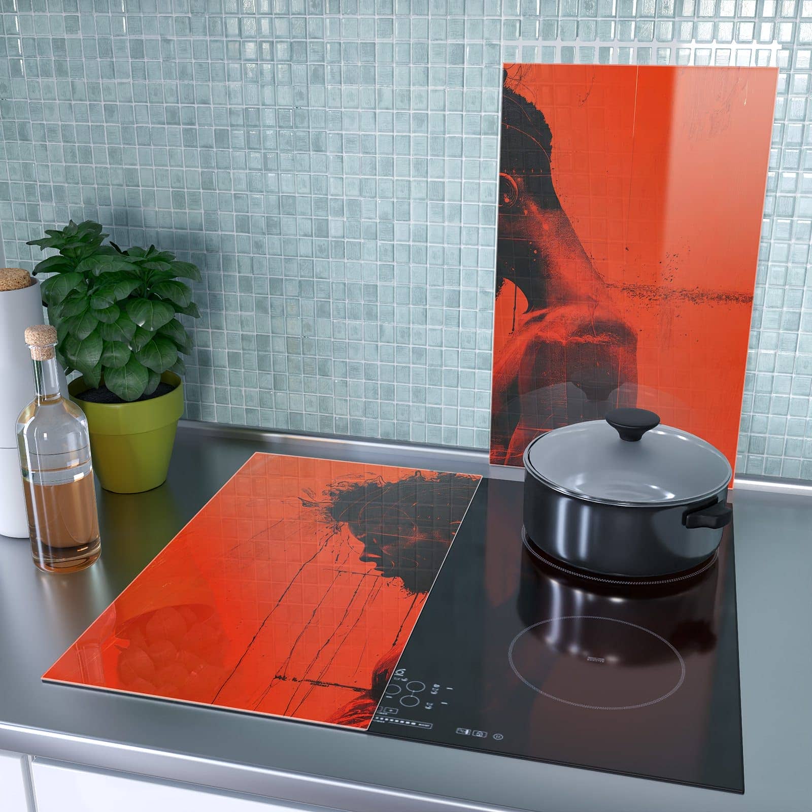 2-teilige Abdeckplatten Ceranfeld mit Dunkelrotes Profil-Motiv als Spritzschutz hinter dem Kochfeld