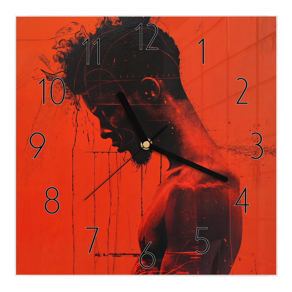 Wanduhr aus Glas, Ziffernblatt Elegant mit Motiv Silhouette vor Rot: Dunkle Männerfigur im Profil vor leuchtend orangerotem Grund mit Farbschlieren #ziffernblatt_Elegant