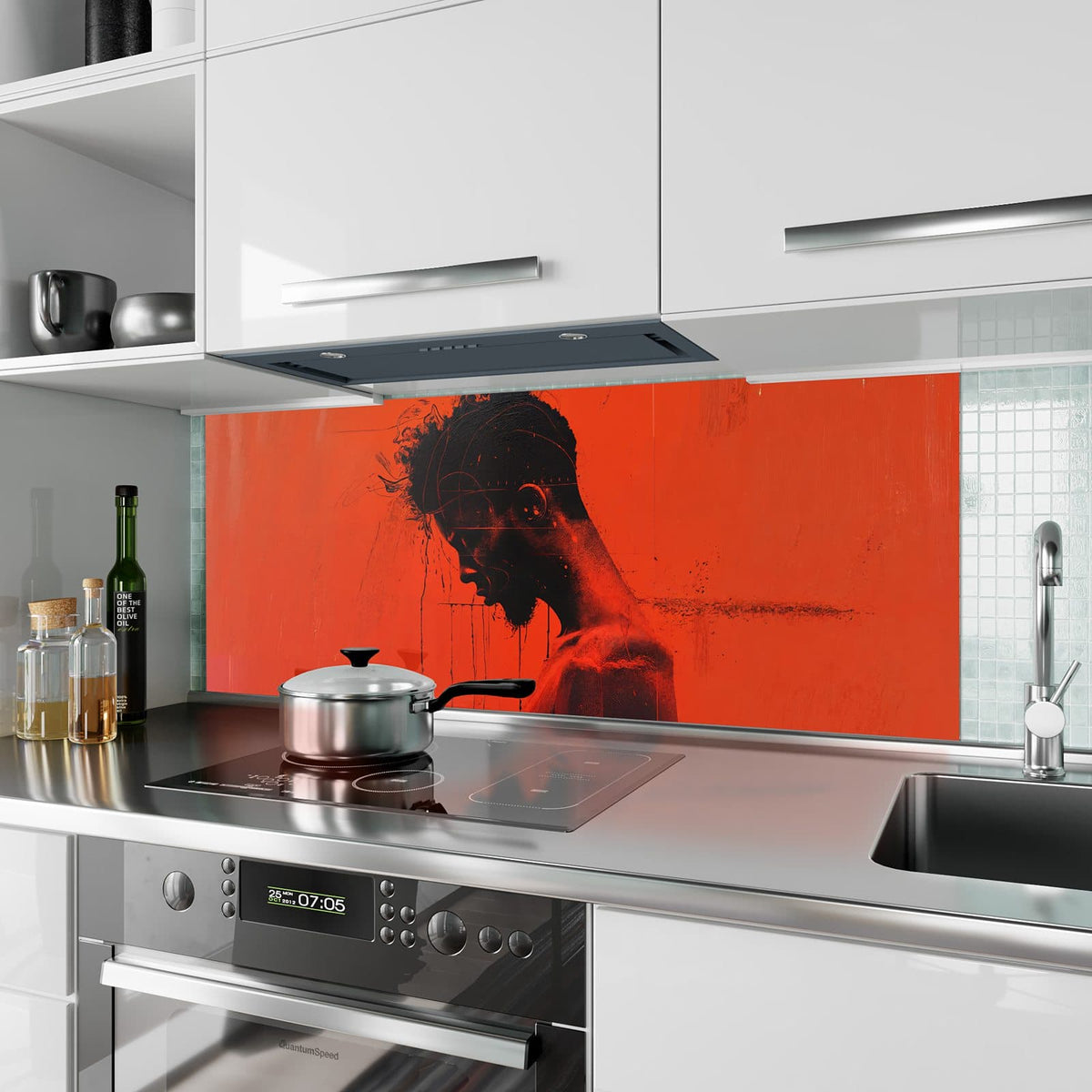 Küchenrückwand aus Glas Silhouette vor Rot im Hochformat als Spritzschutz hinter dem Kochfeld, über dem Fliesenspiegel montiert