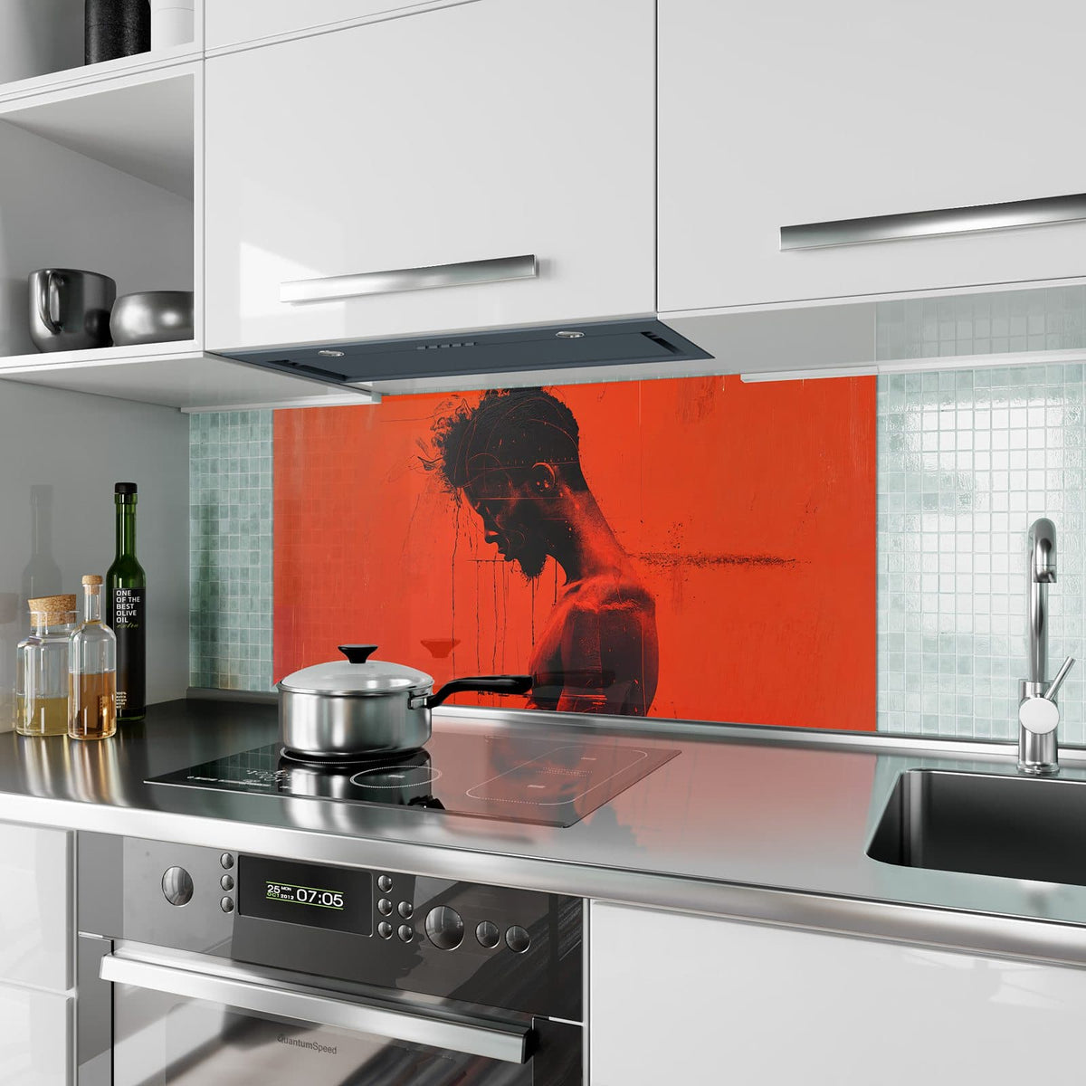 Küchenrückwand aus Glas Silhouette vor Rot im Hochformat als Spritzschutz hinter dem Kochfeld, über dem Fliesenspiegel montiert