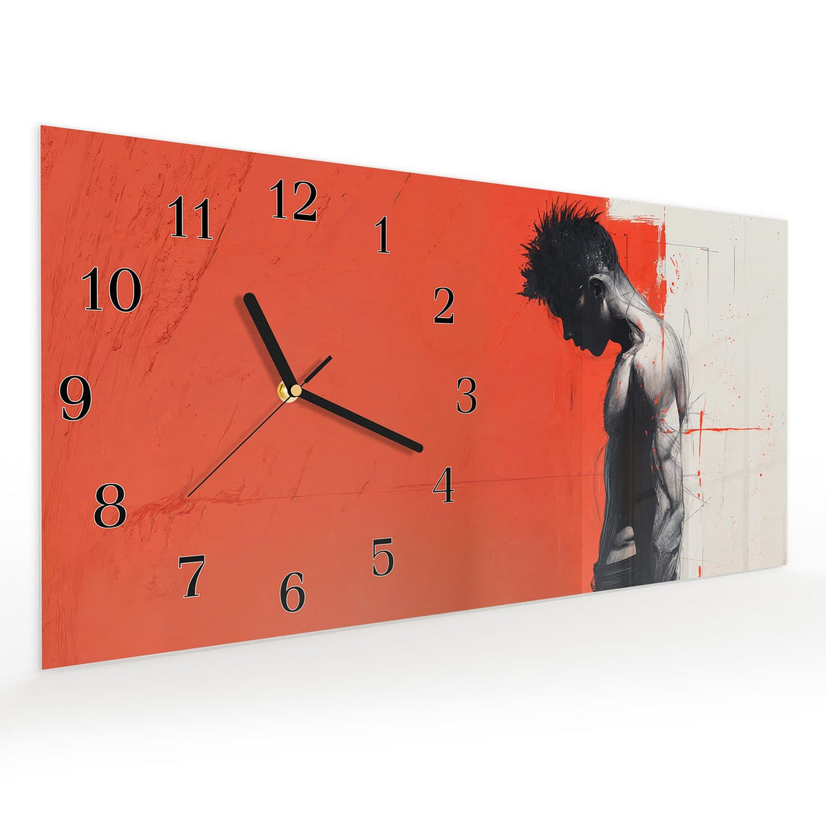 Vormontiert – mit Schwebeeffekt – Wanduhr Nachdenklicher Mann aus Glas – Querformat 60 × 30 cm