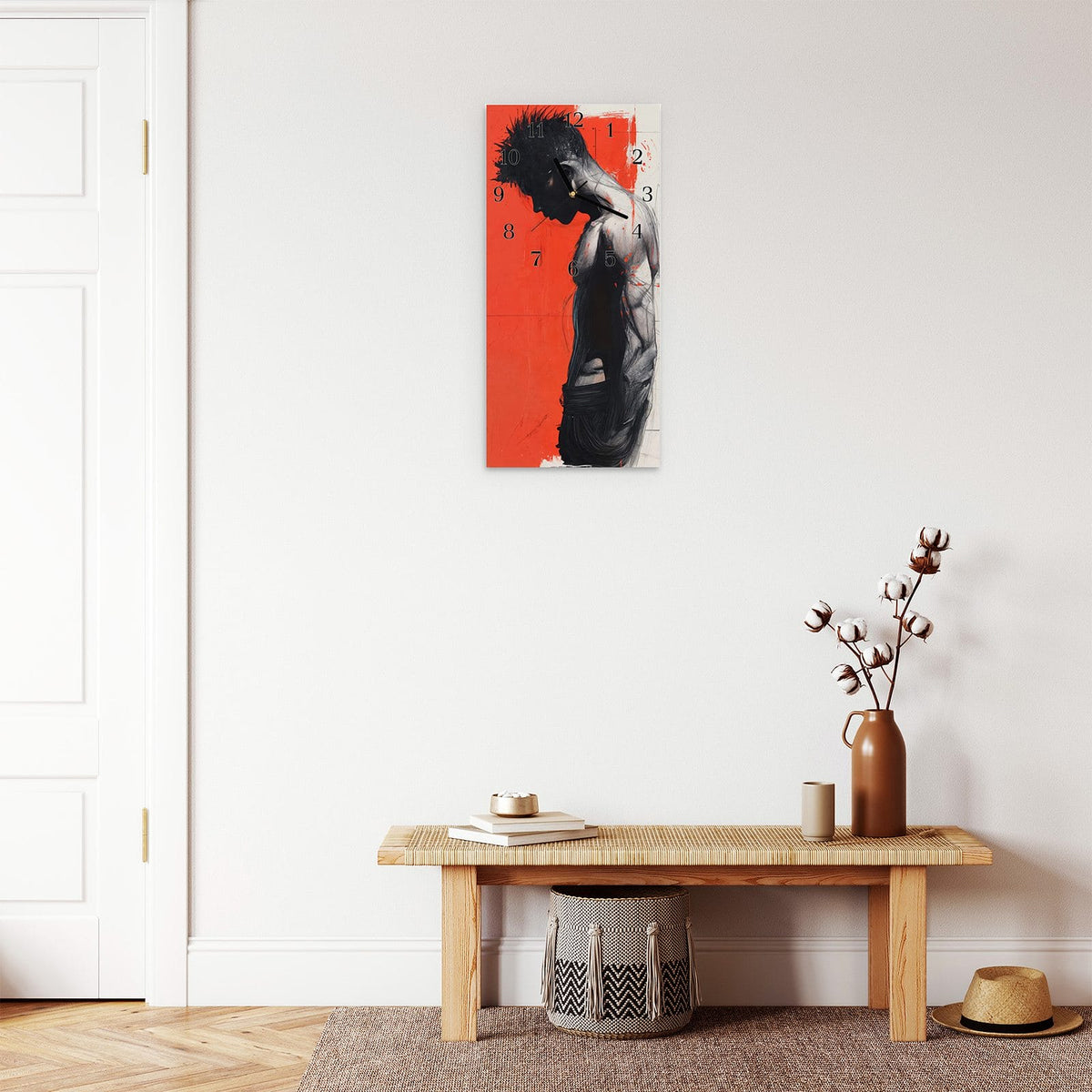 Moderne Wanduhr aus Glas mit Farbtiefe – Wanduhr Nachdenklicher Mann aus Glas – Hochformat 30 × 60 cm