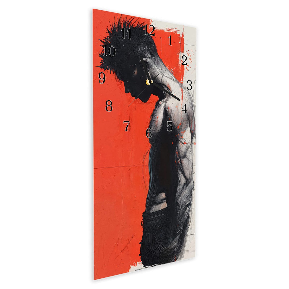 Vormontiert – mit Schwebeeffekt – Wanduhr Nachdenklicher Mann aus Glas – Hochformat 30 × 60 cm