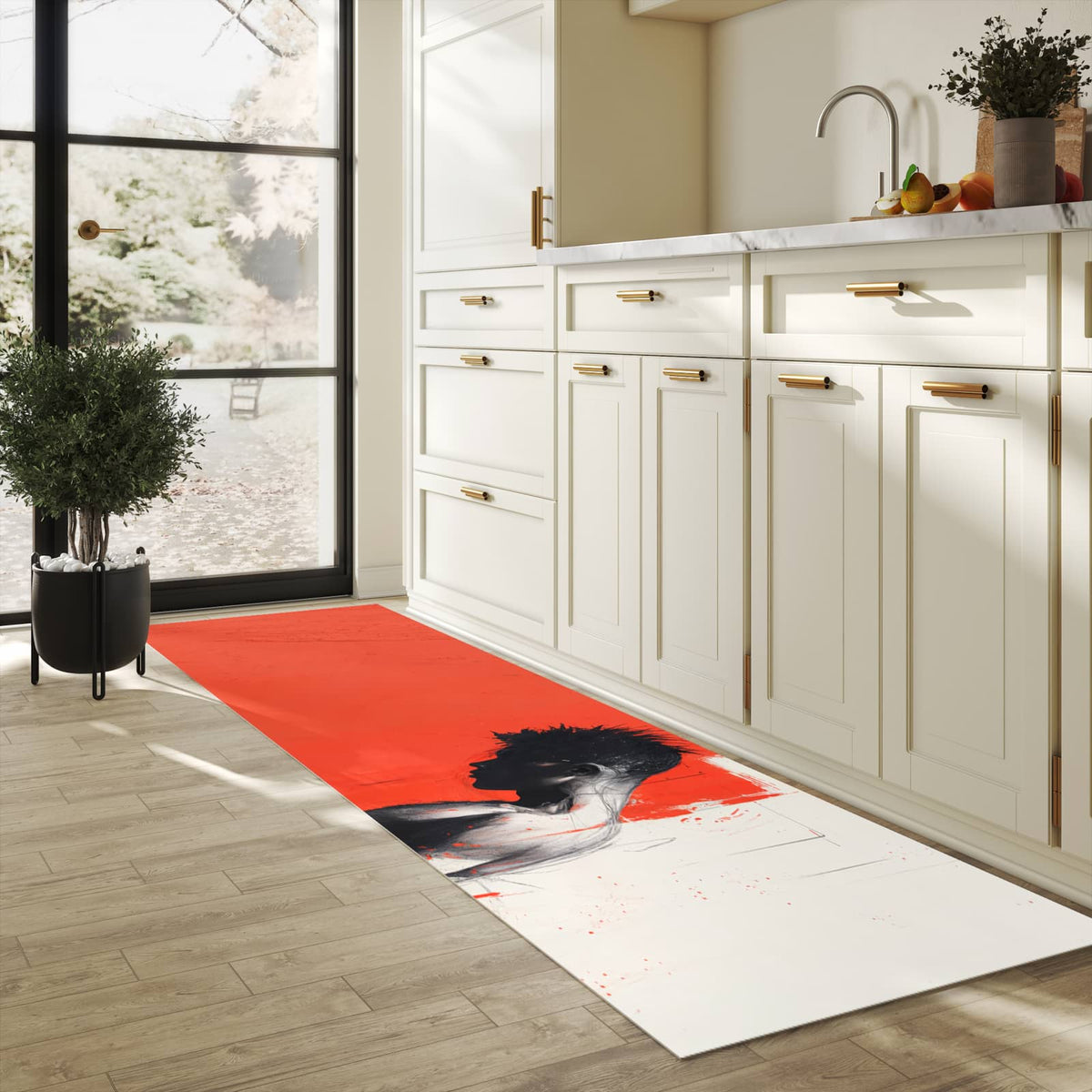 Rutschfester Küchenläufer mit Motiv Nachdenklicher Mann für Trittkomfort in heller Küche