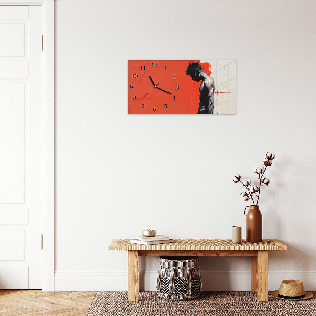 Moderne Wanduhr aus Glas mit Farbtiefe – Wanduhr Nachdenklicher Mann aus Glas – Querformat 60 × 30 cm