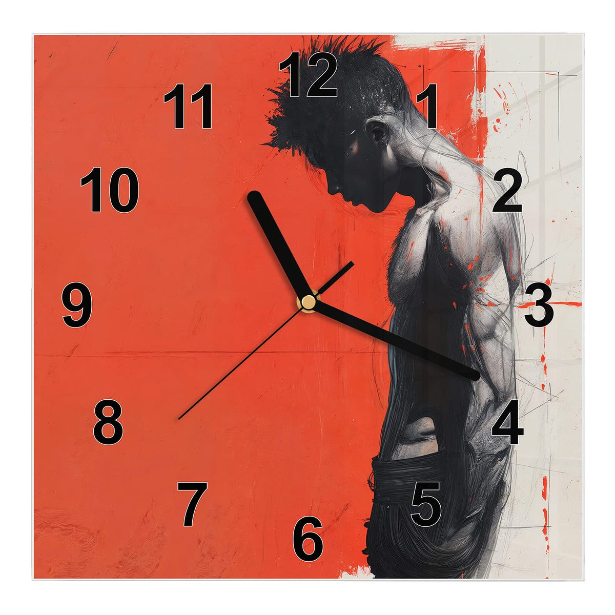 Wanduhr aus Glas, Ziffernblatt Modern mit Motiv Nachdenklicher Mann: Kohlezeichnung eines Mannes im Profil mit gesenktem Kopf vor rot-weißer Fläche #ziffernblatt_Modern