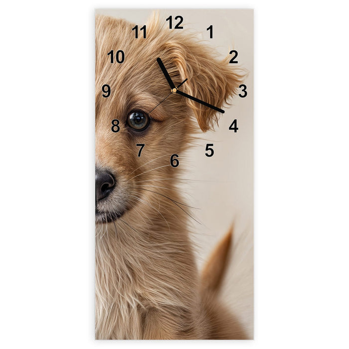 Wanduhr Welpenbilde aus Glas – Hochformat 30 × 60 cm mit Ziffernblatt Modern