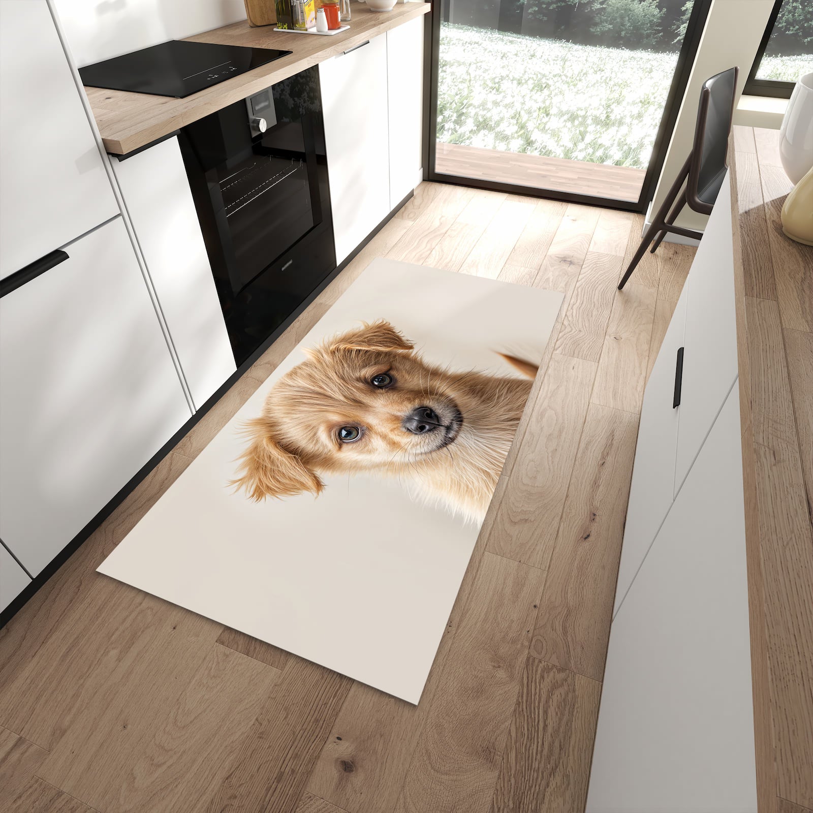 Strapazierfähiger waschbarer Küchenteppich mit Motiv Welpenbilde in moderner Küche