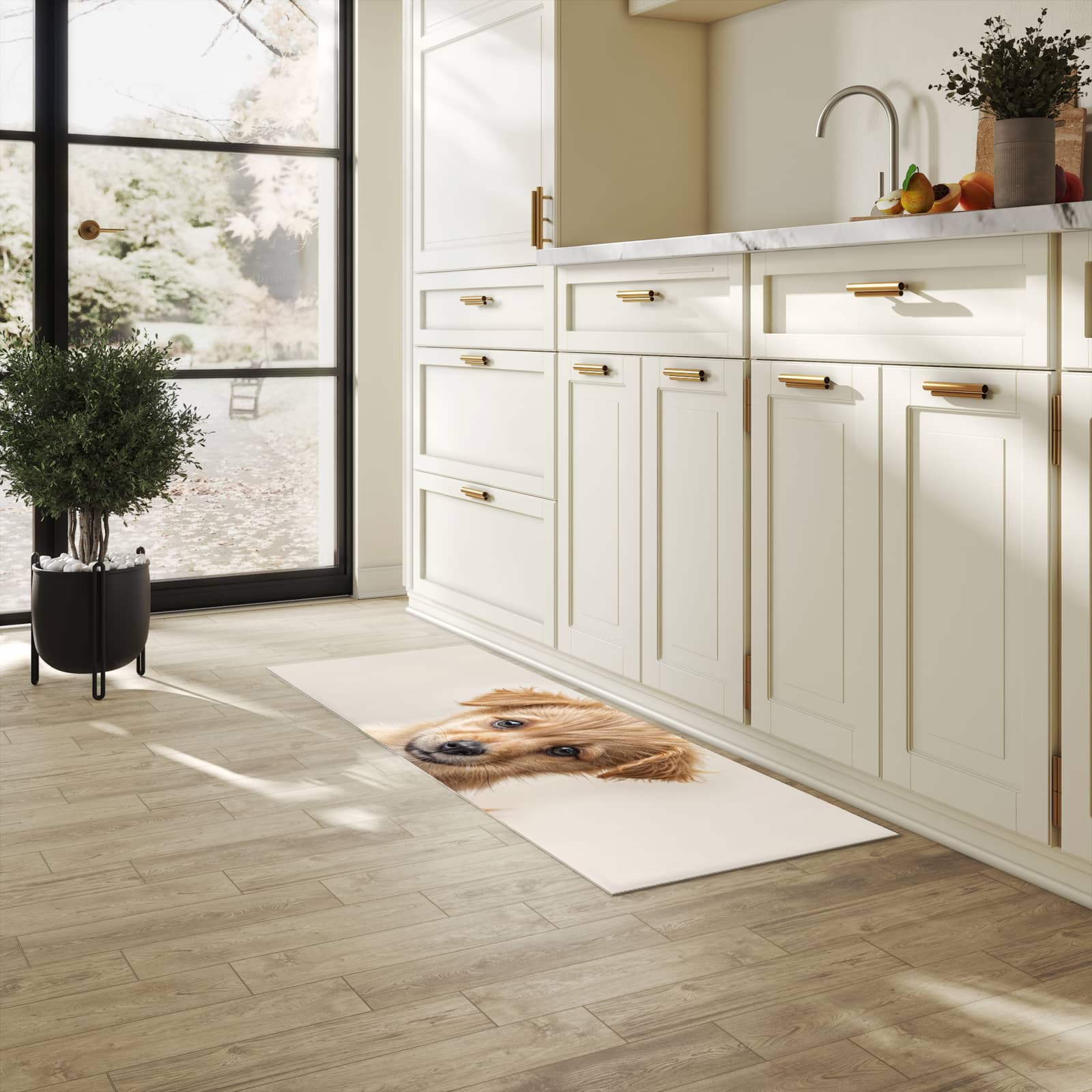 Pflegeleichter dünner Teppich mit Motiv Welpenbilde in heller Küche