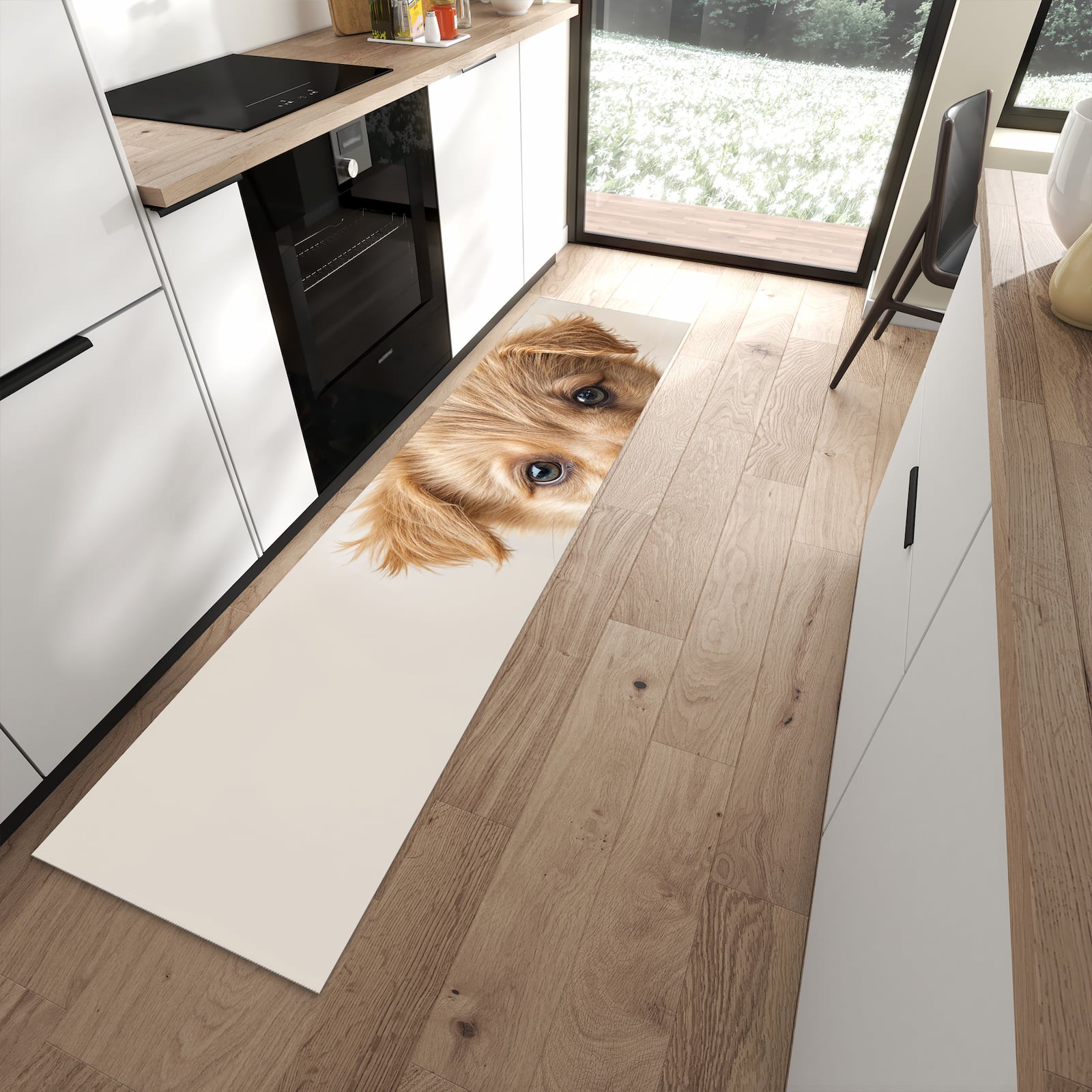 Langlebiger Bodenläufer mit Motiv Welpenbilde in moderner Küche