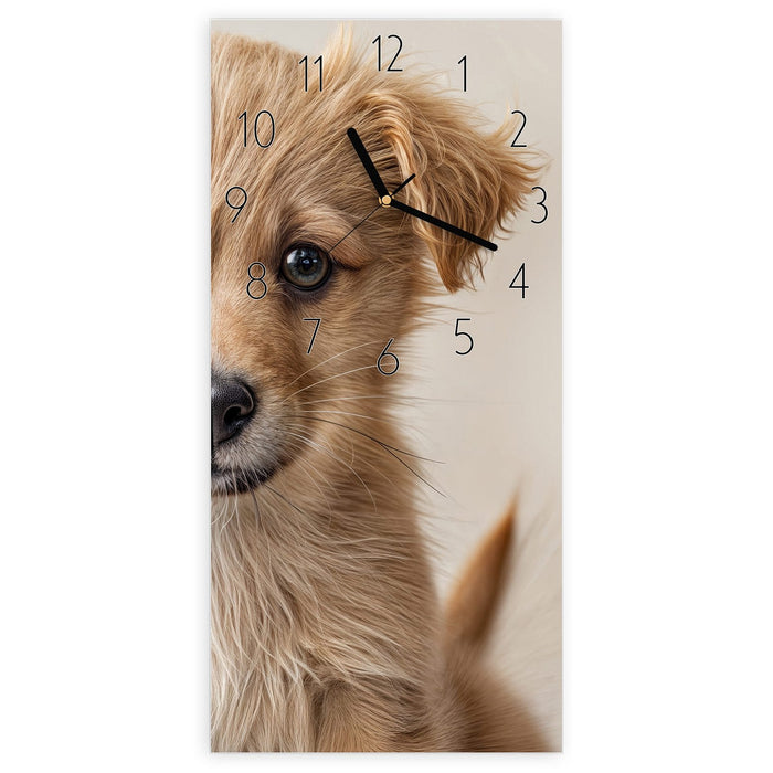 Wanduhr Welpenbilde aus Glas – Hochformat 30 × 60 cm mit Ziffernblatt Elegant