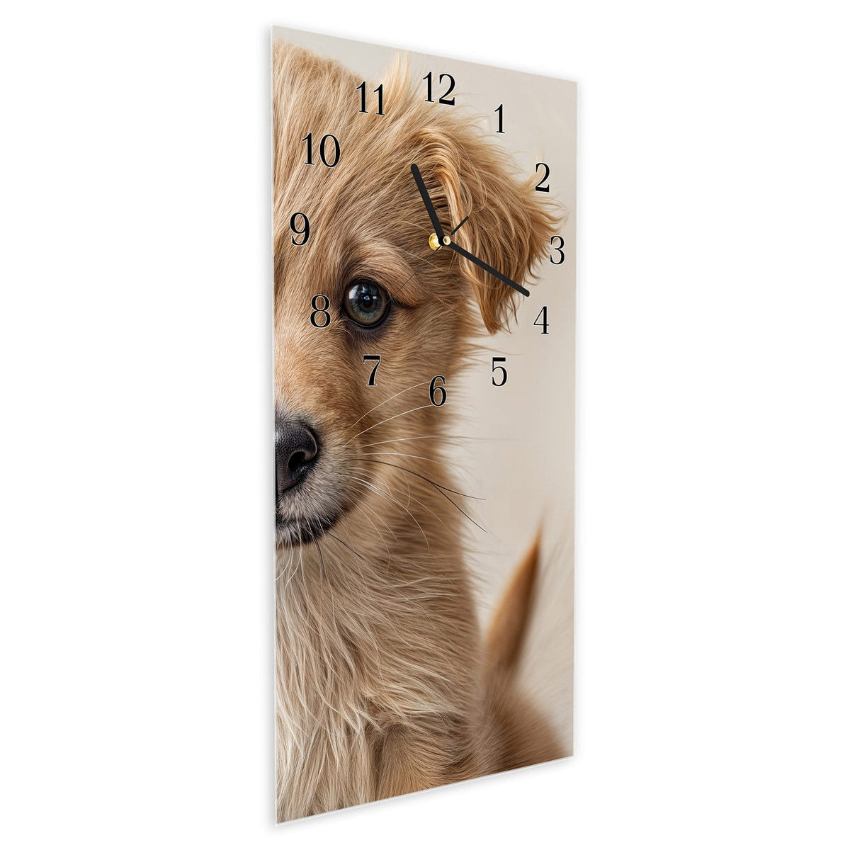 Vormontiert – mit Schwebeeffekt – Wanduhr Welpenbilde aus Glas – Hochformat 30 × 60 cm