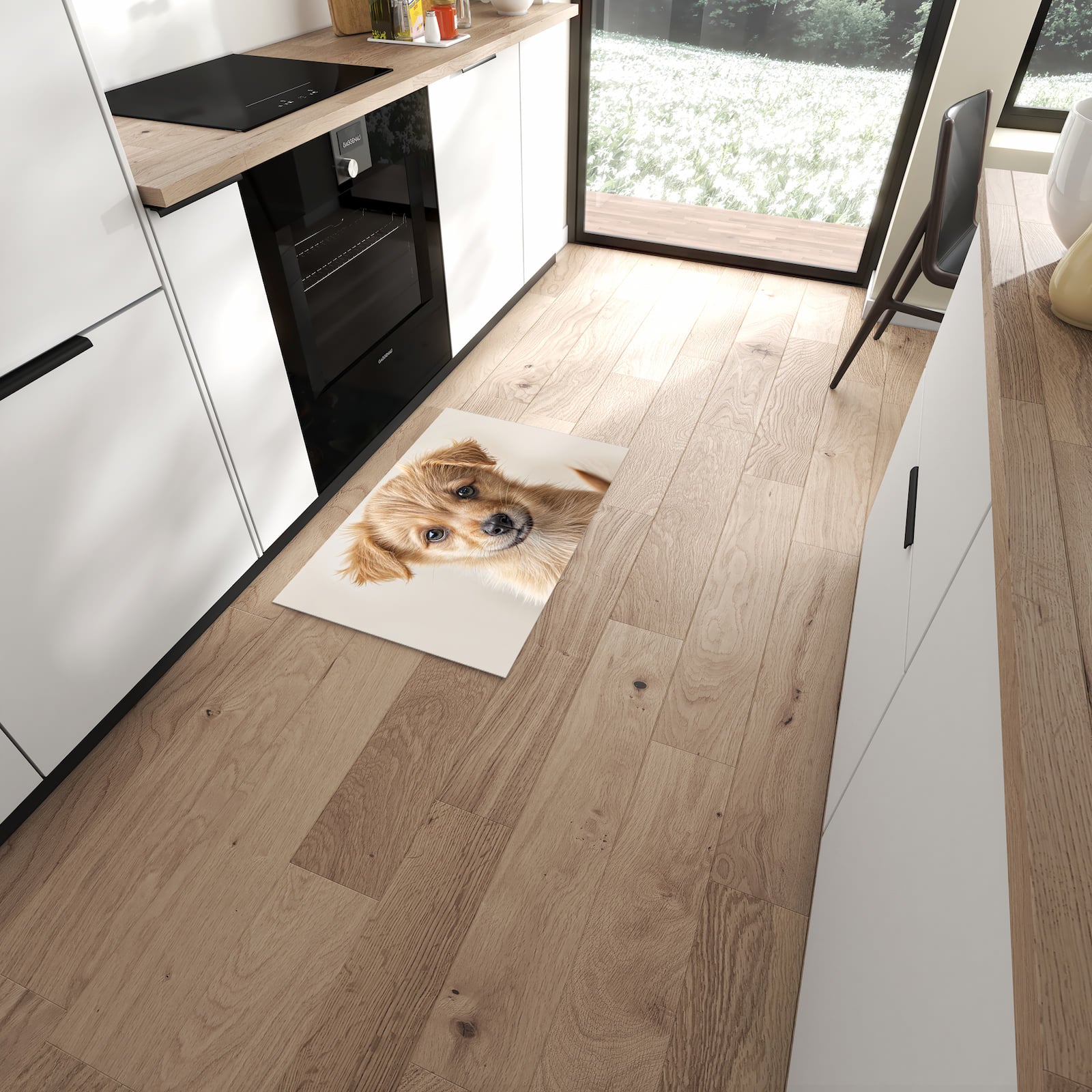 Komfortabler waschbarer Küchenteppich mit Motiv Welpenbilde in moderner Küche
