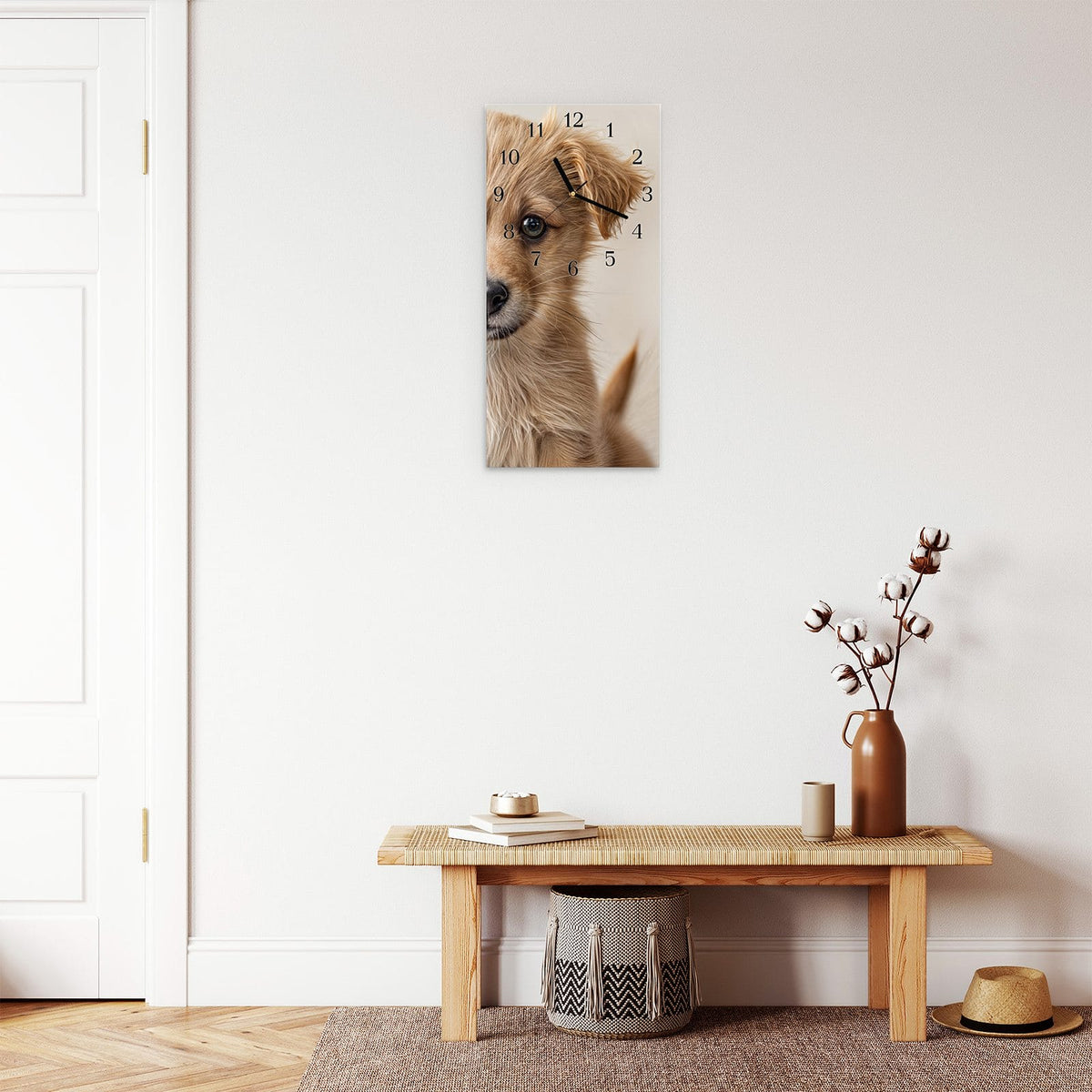 Moderne Wanduhr aus Glas mit Farbtiefe – Wanduhr Welpenbilde aus Glas – Hochformat 30 × 60 cm