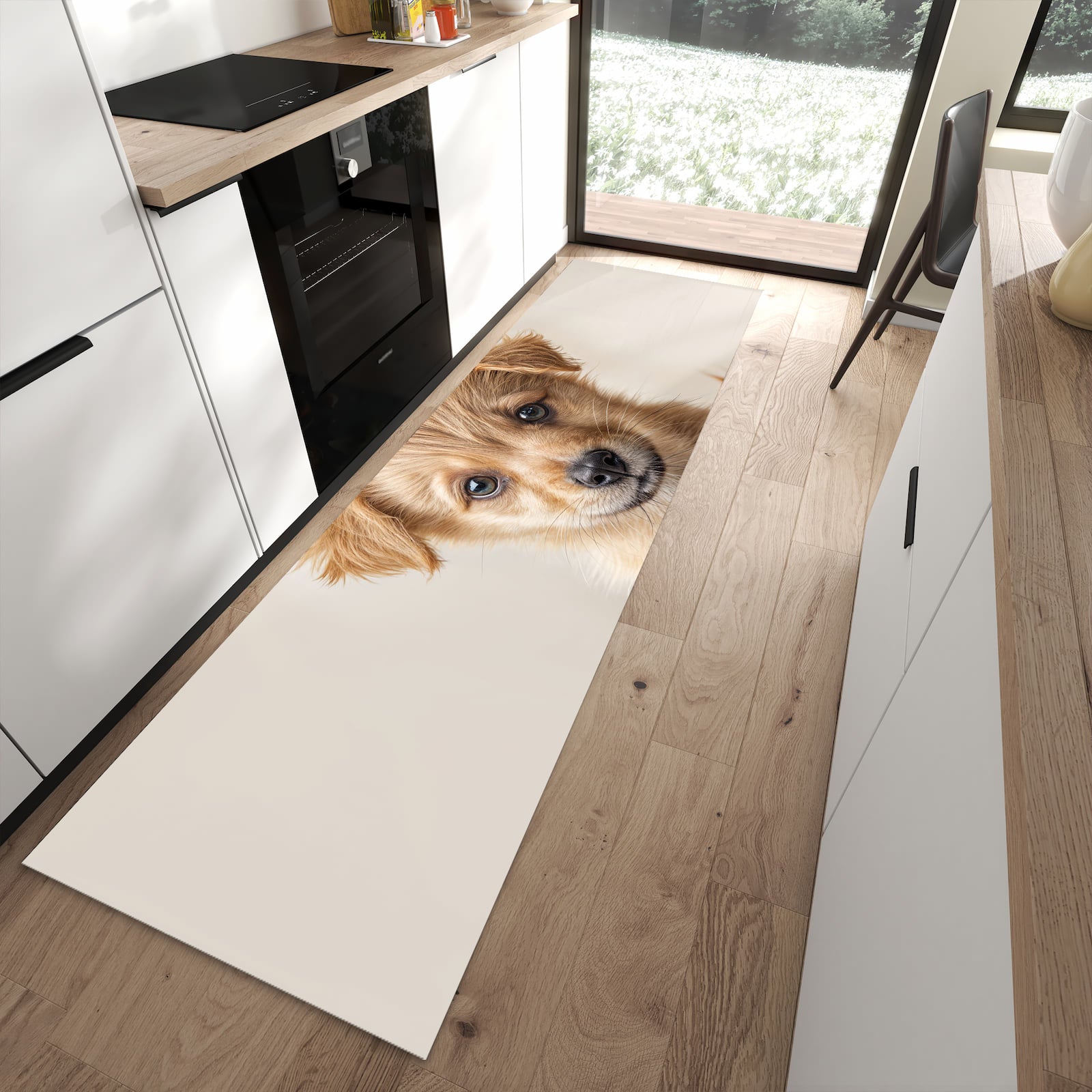Küchenteppich mit Motiv Welpenbilde für angenehme Haptik in moderner Küche