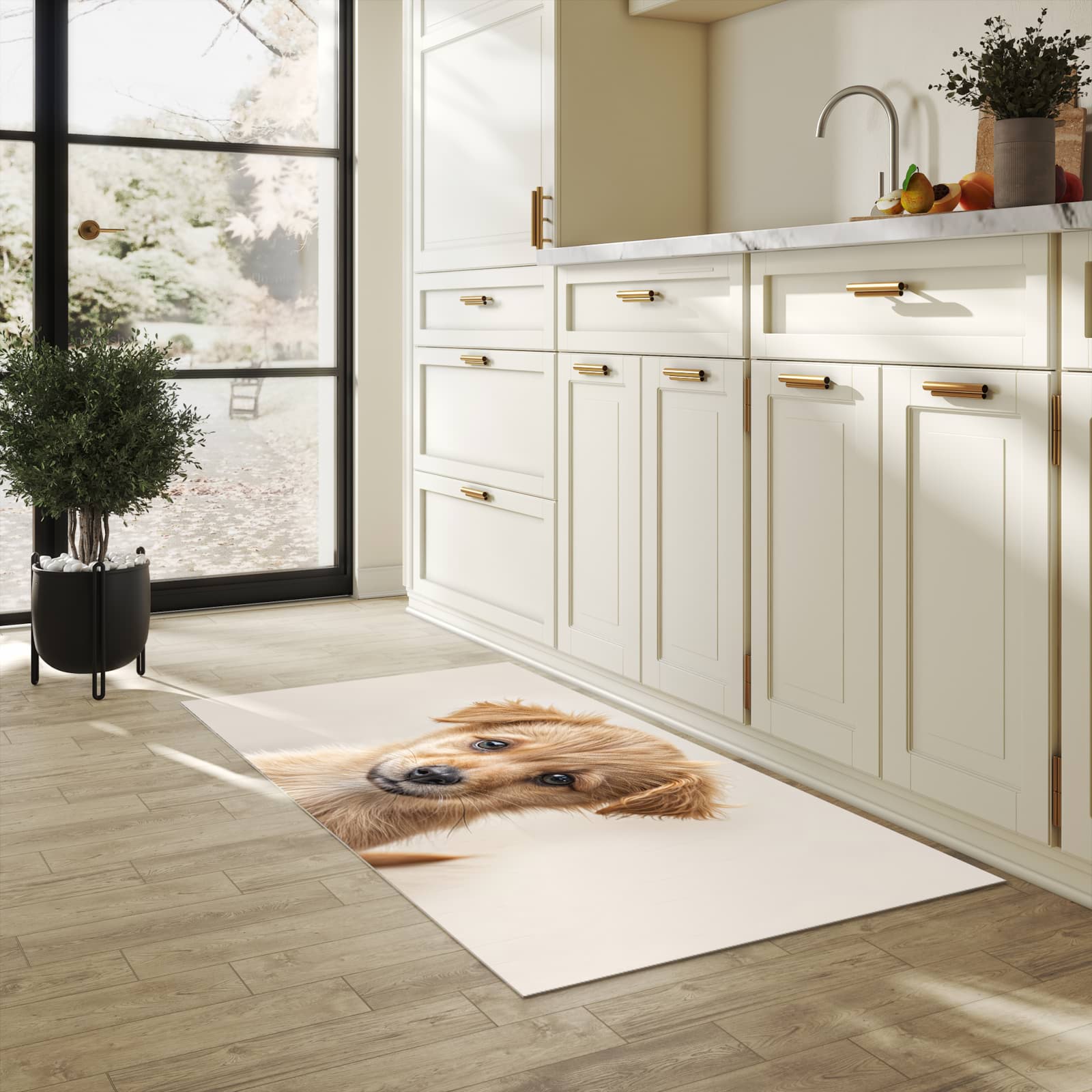 Rutschfester Küchenteppich mit Motiv Welpenbilde in heller Küche