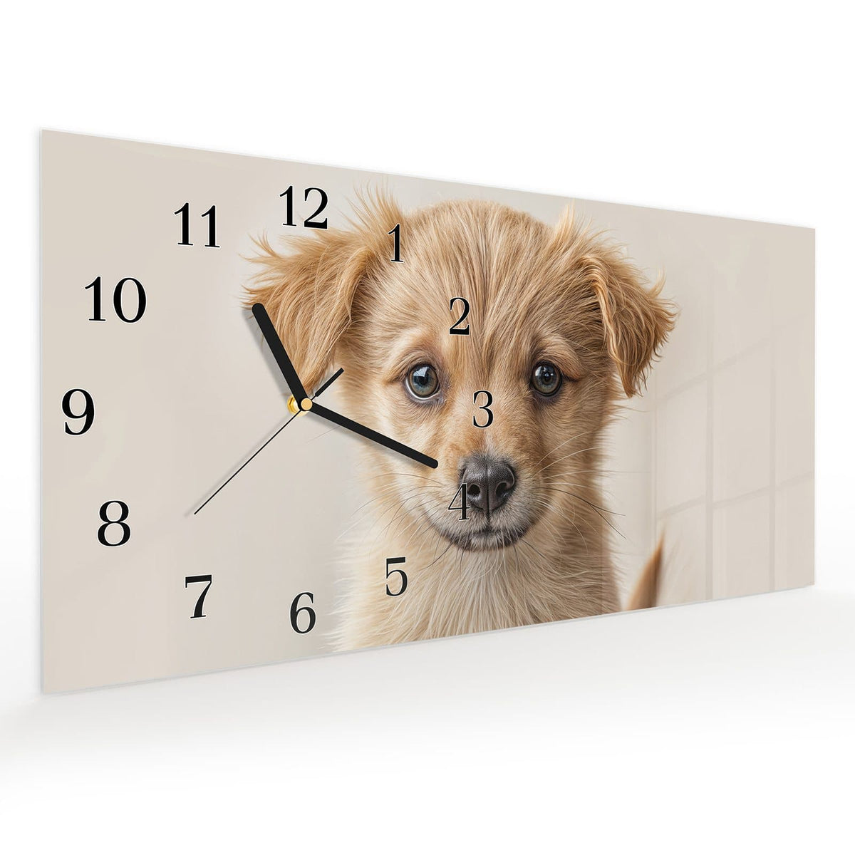Vormontiert – mit Schwebeeffekt – Wanduhr Welpenbilde aus Glas – Querformat 60 × 30 cm