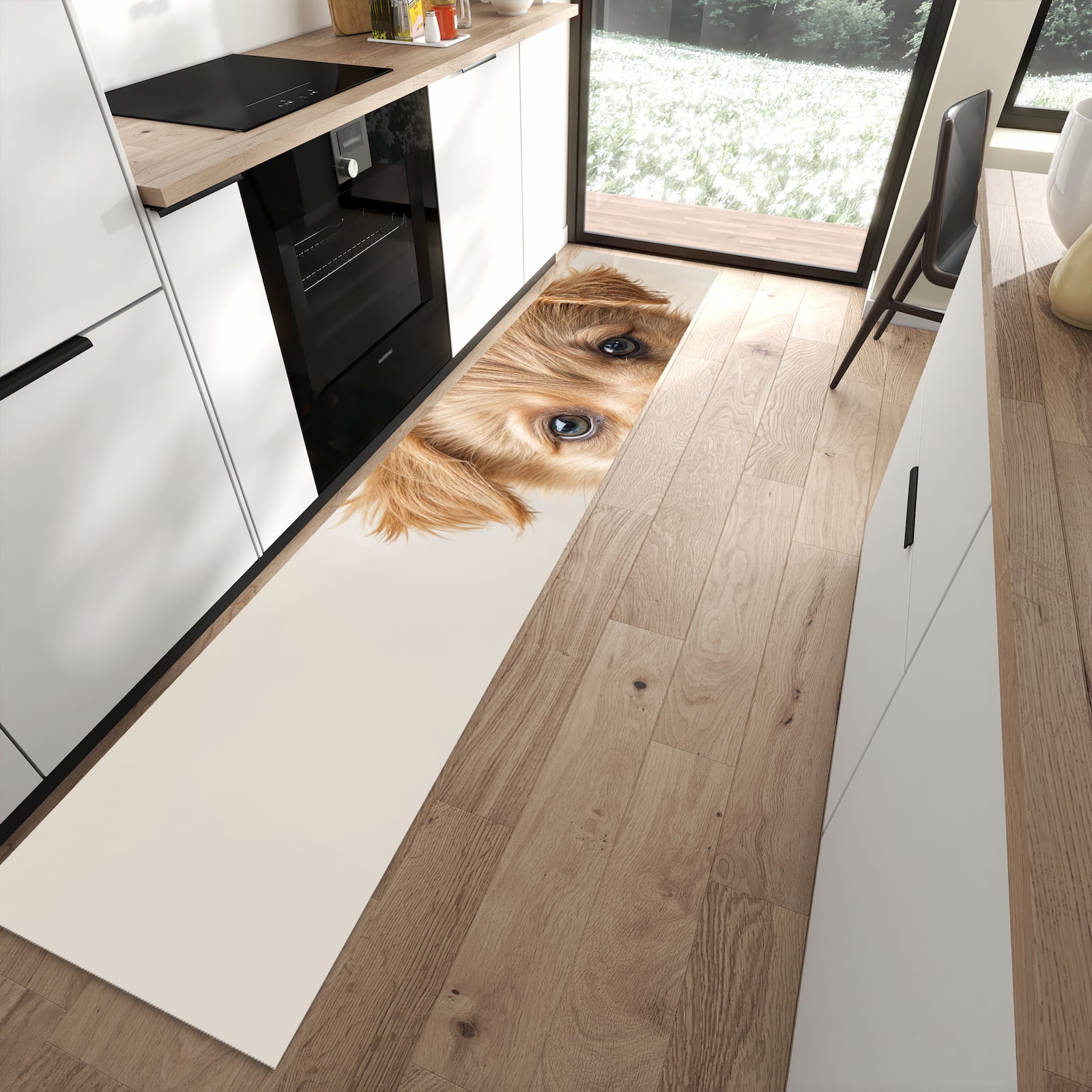 Pflegeleichter Küchenteppich mit Motiv Welpenbilde in moderner Küche